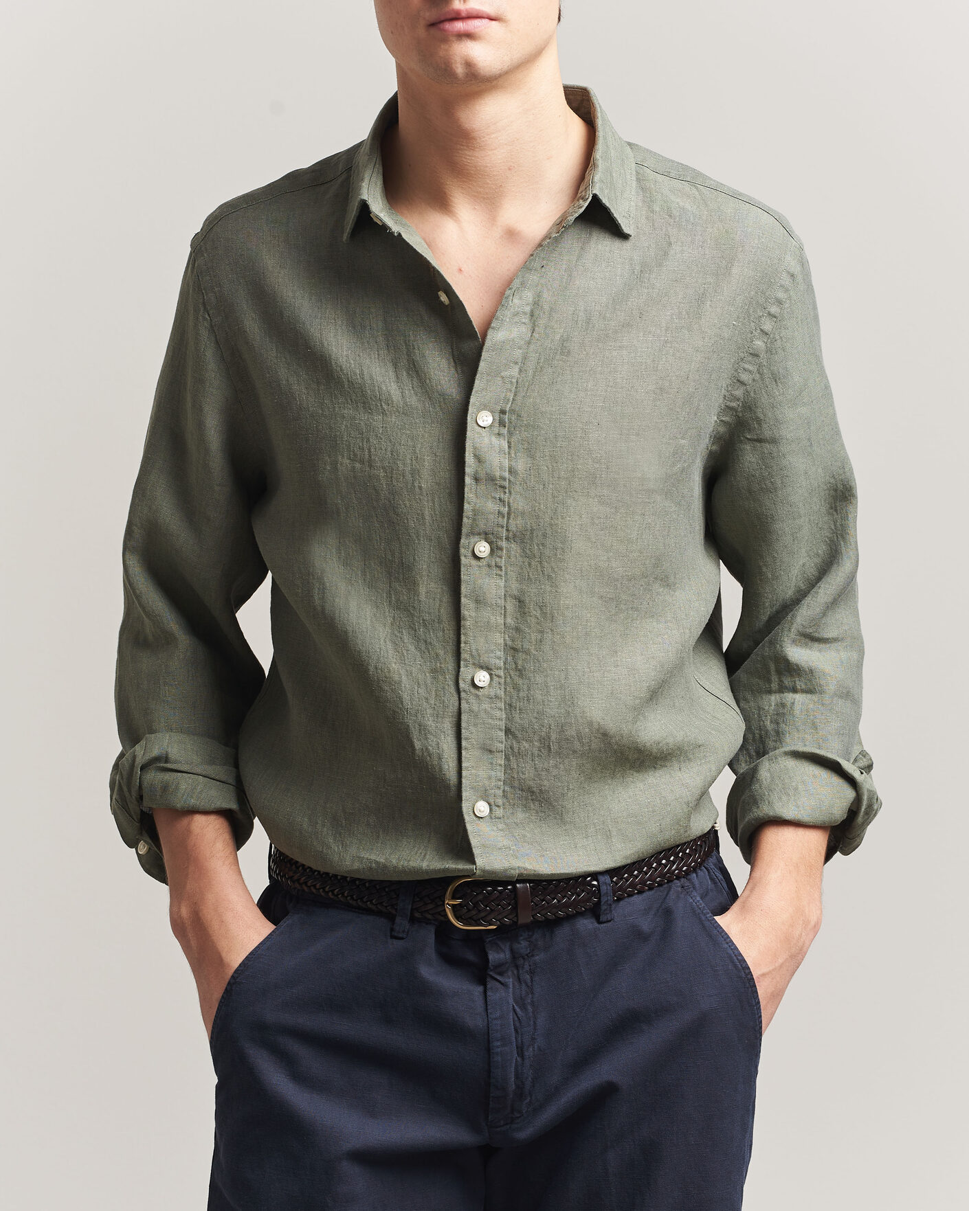 Heren | Overhemden | Charles Tyrwhitt | Pure Linen Slim Fit Shirt Olive Green