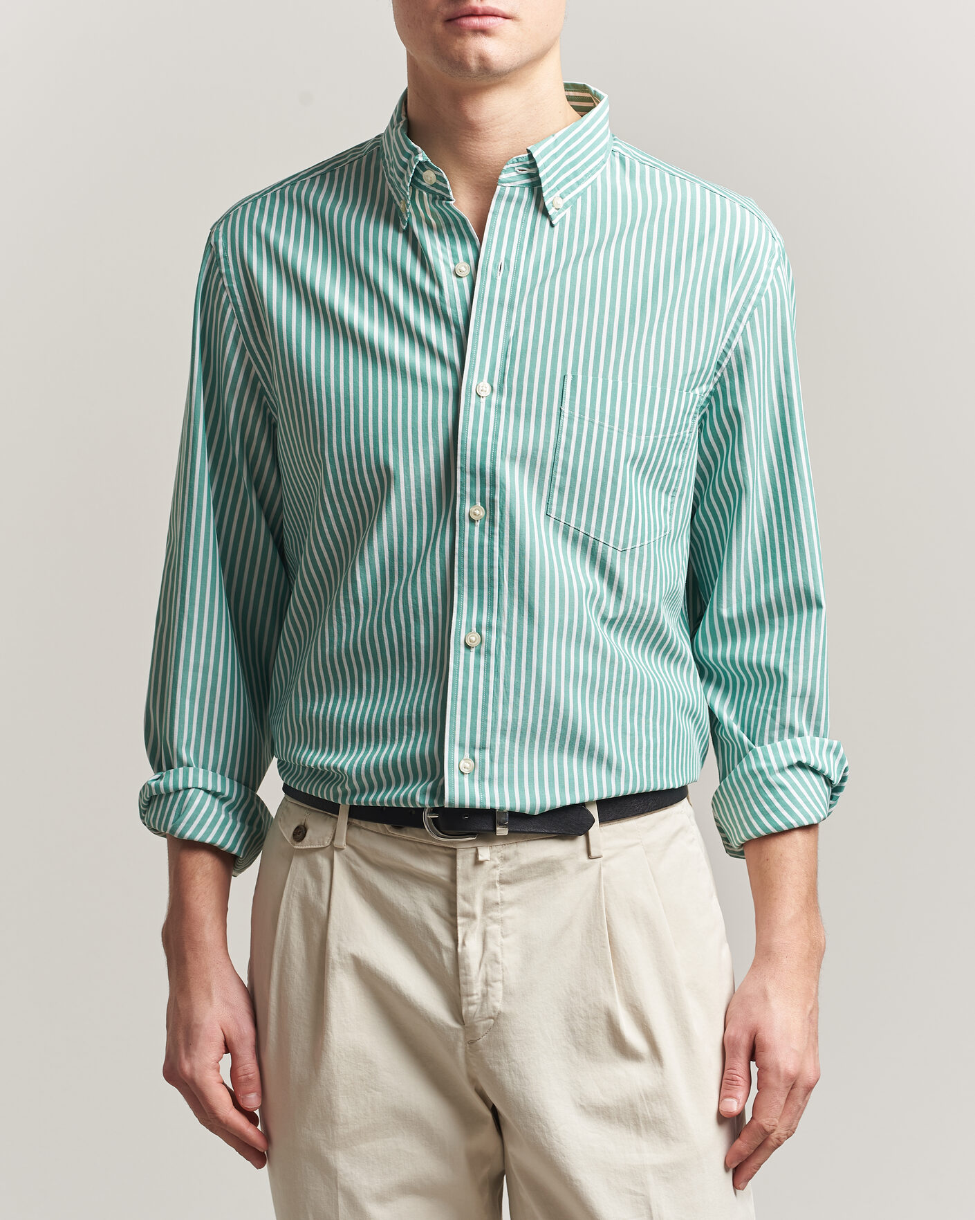 Heren | Overhemden | Charles Tyrwhitt | Button Down Stretch Poplin Shirt Green Stripe