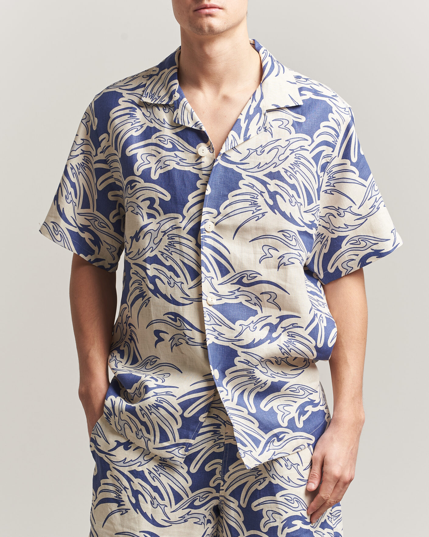 Heren | Overhemden | OAS | Cuba Short Sleeve Printed Linen Shirt Rouge Blue