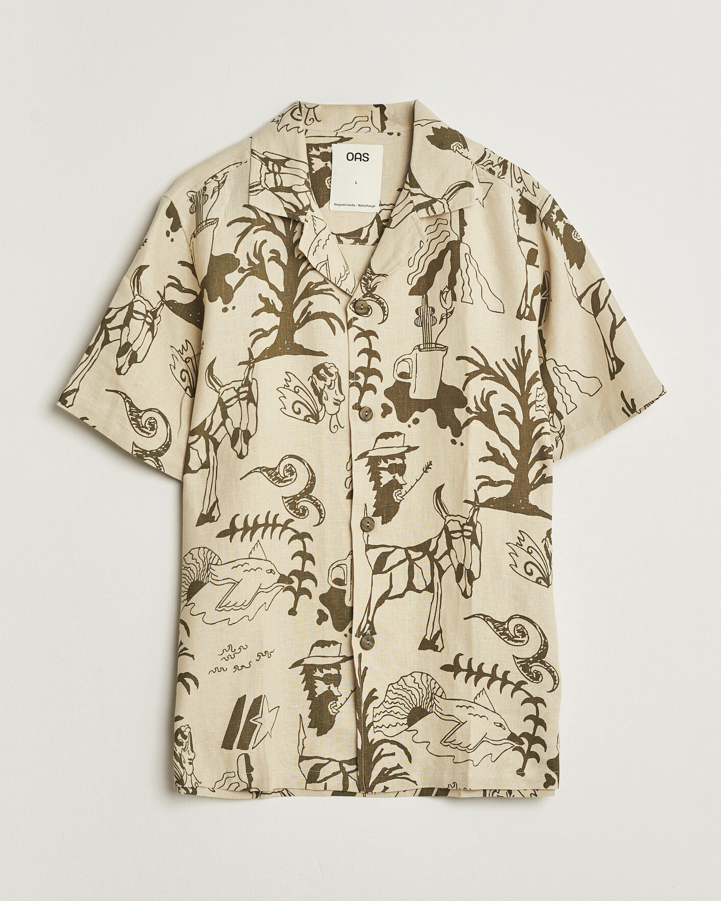 Heren | Overhemden | OAS | Cuba Short Sleeve Printed Linen Shirt Poplan