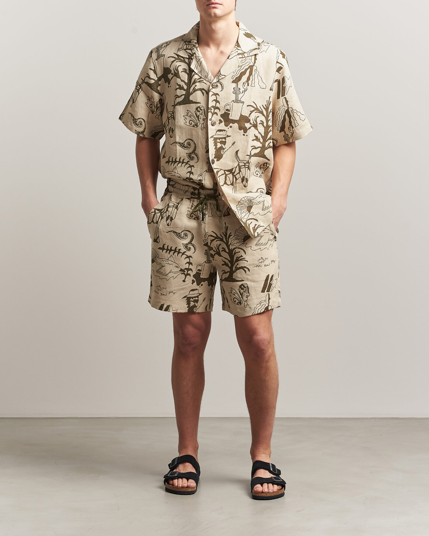 Heren | Overhemden | OAS | Cuba Short Sleeve Printed Linen Shirt Poplan