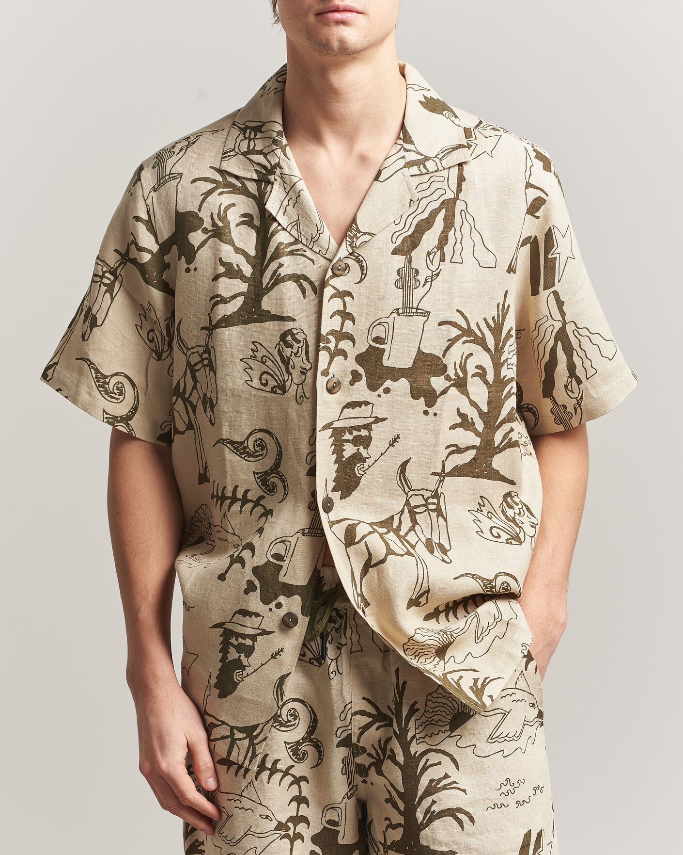 Heren | Overhemden | OAS | Cuba Short Sleeve Printed Linen Shirt Poplan