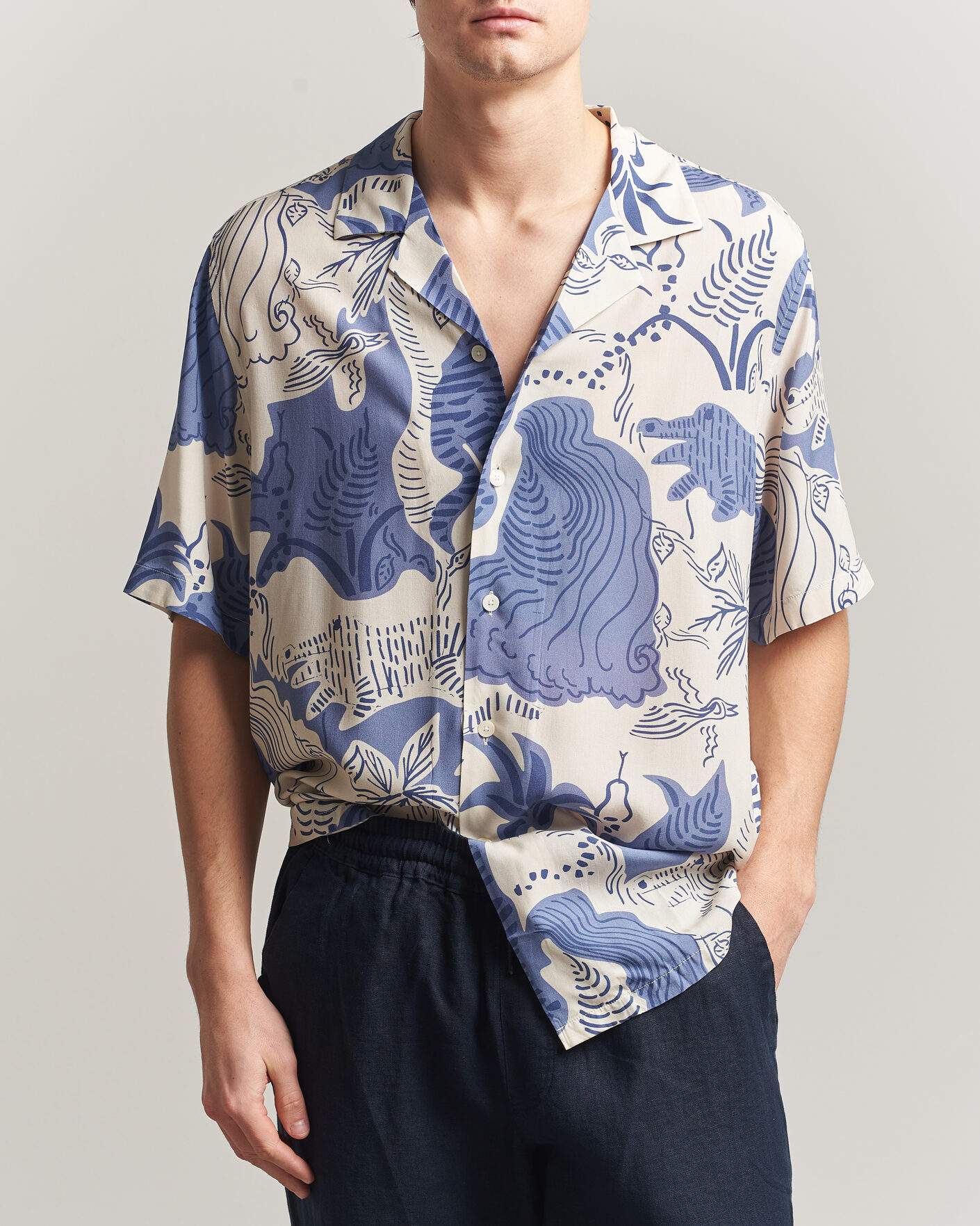 Heren | Overhemden | OAS | Rocco Viscose Short Sleeve Shirt Mystea