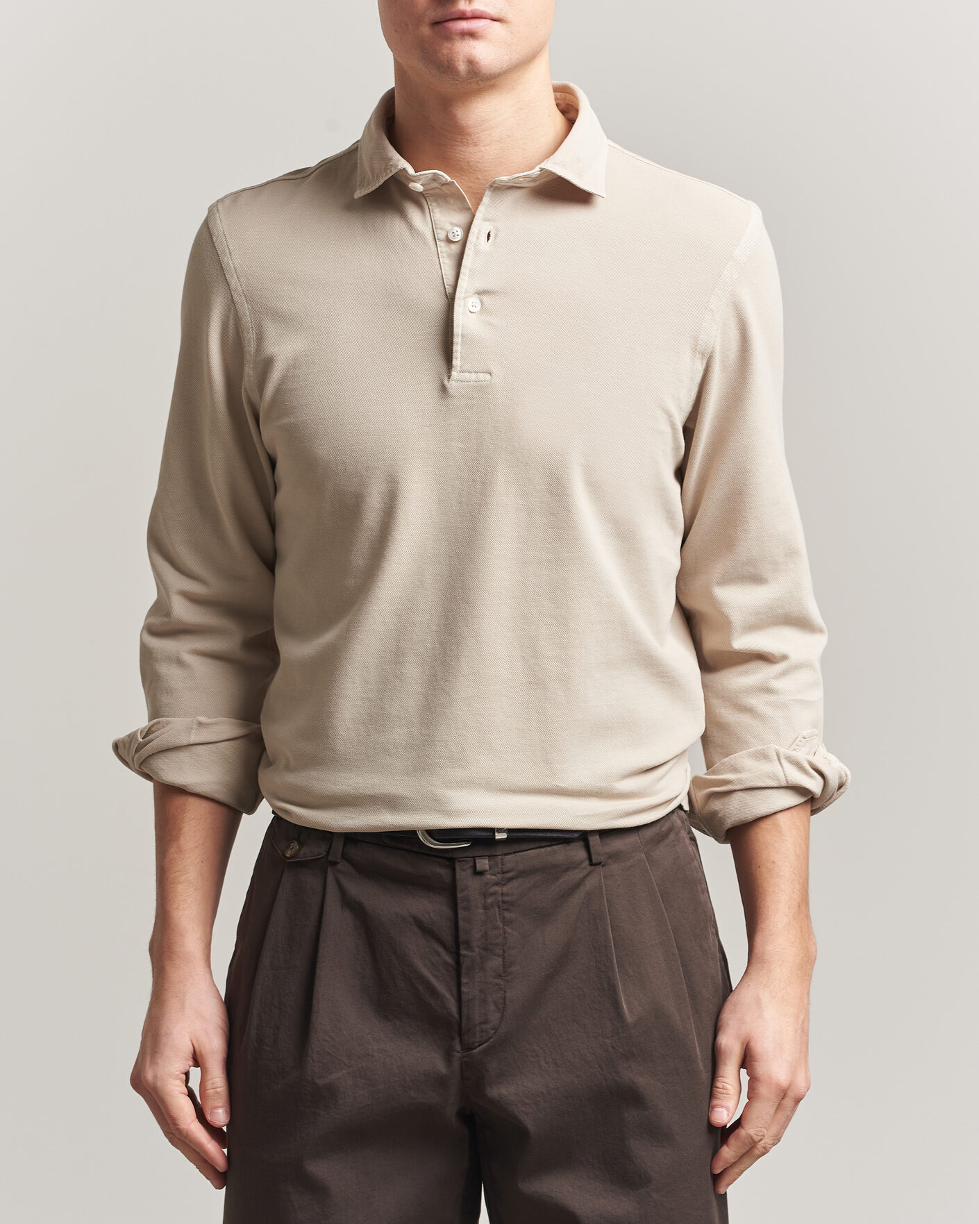 Heren | Polo's | Gran Sasso | Washed Long Sleeve Polo Beige Melange