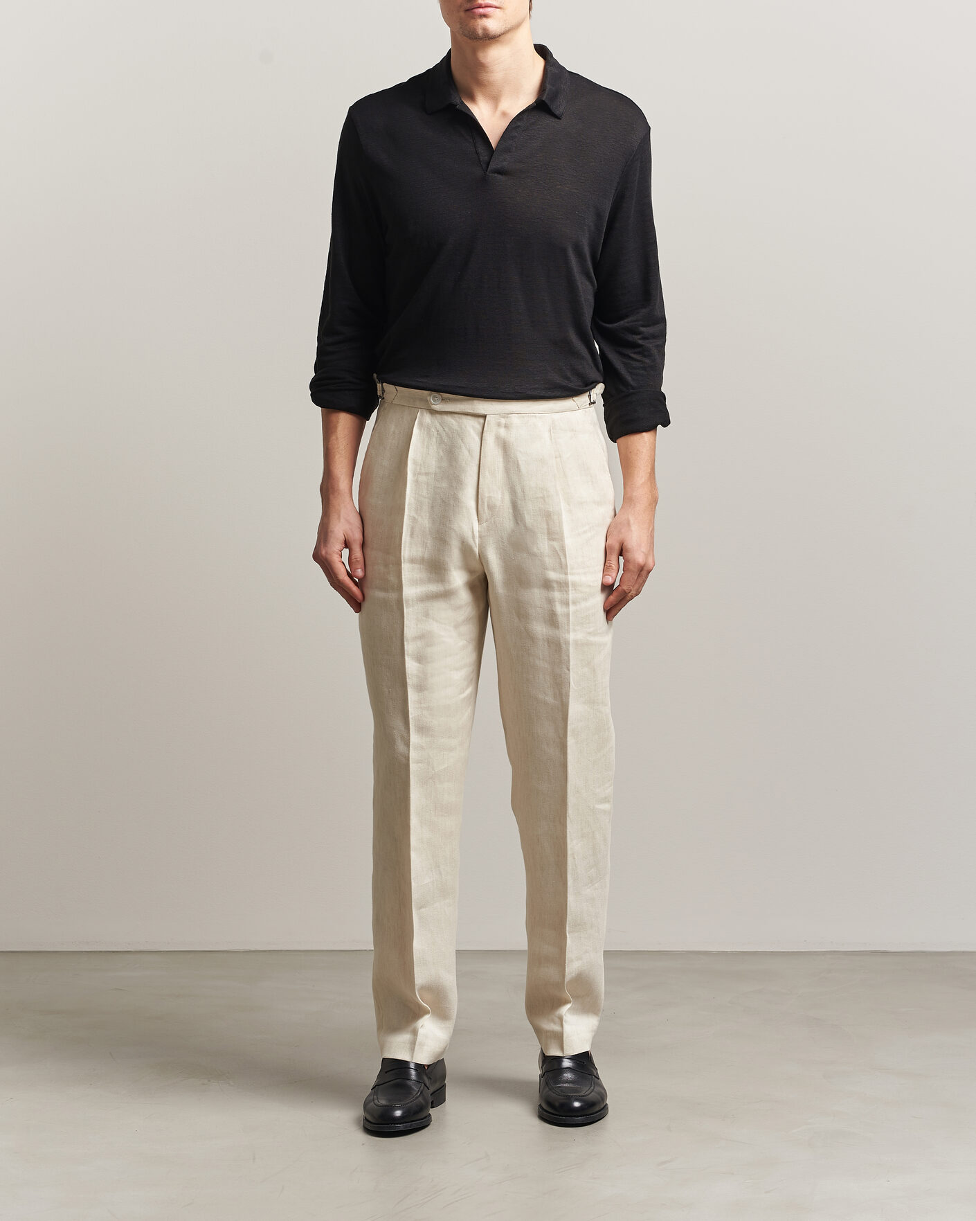Heren | Polo's | Gran Sasso | Washed Linen Long Sleeve Polo Black