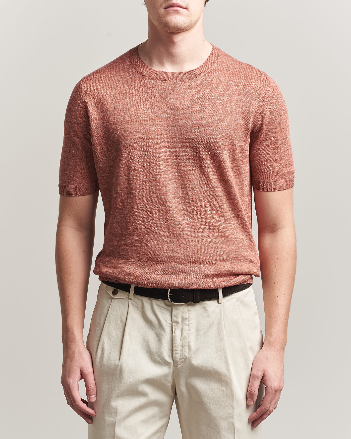 Heren | T-shirts | Gran Sasso | Washed Knitted Linen T-Shirt Apricot Orange Melange