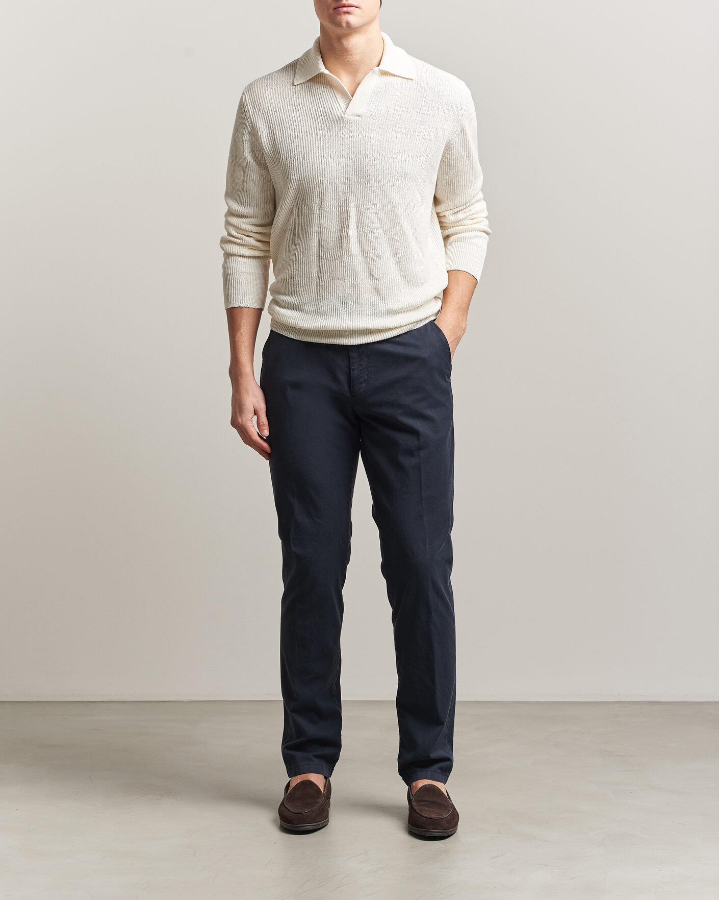Heren | Truien | Gran Sasso | Linen/Cotton Open Collar Knitted Polo Cream