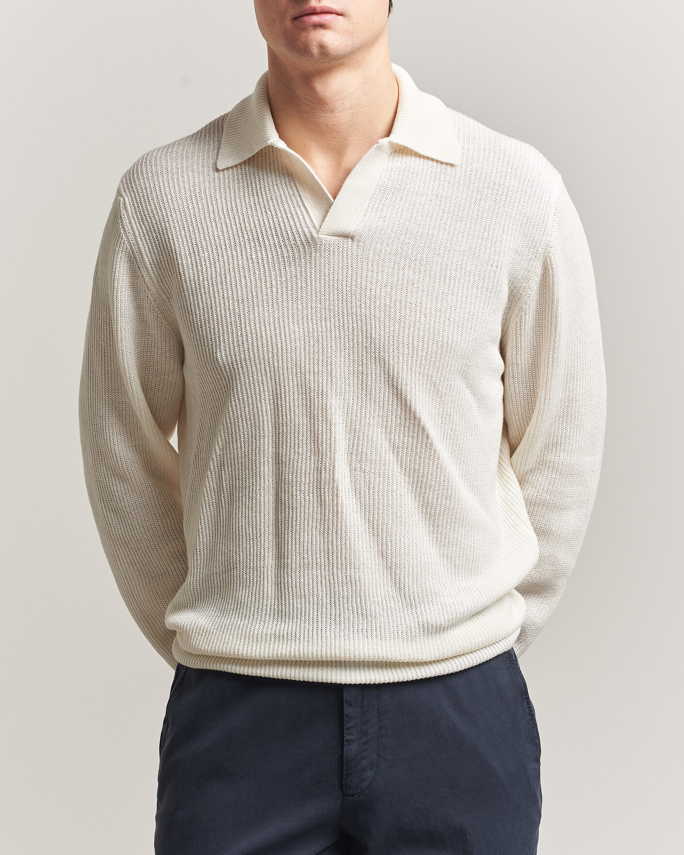 Heren | Truien | Gran Sasso | Linen/Cotton Open Collar Knitted Polo Cream