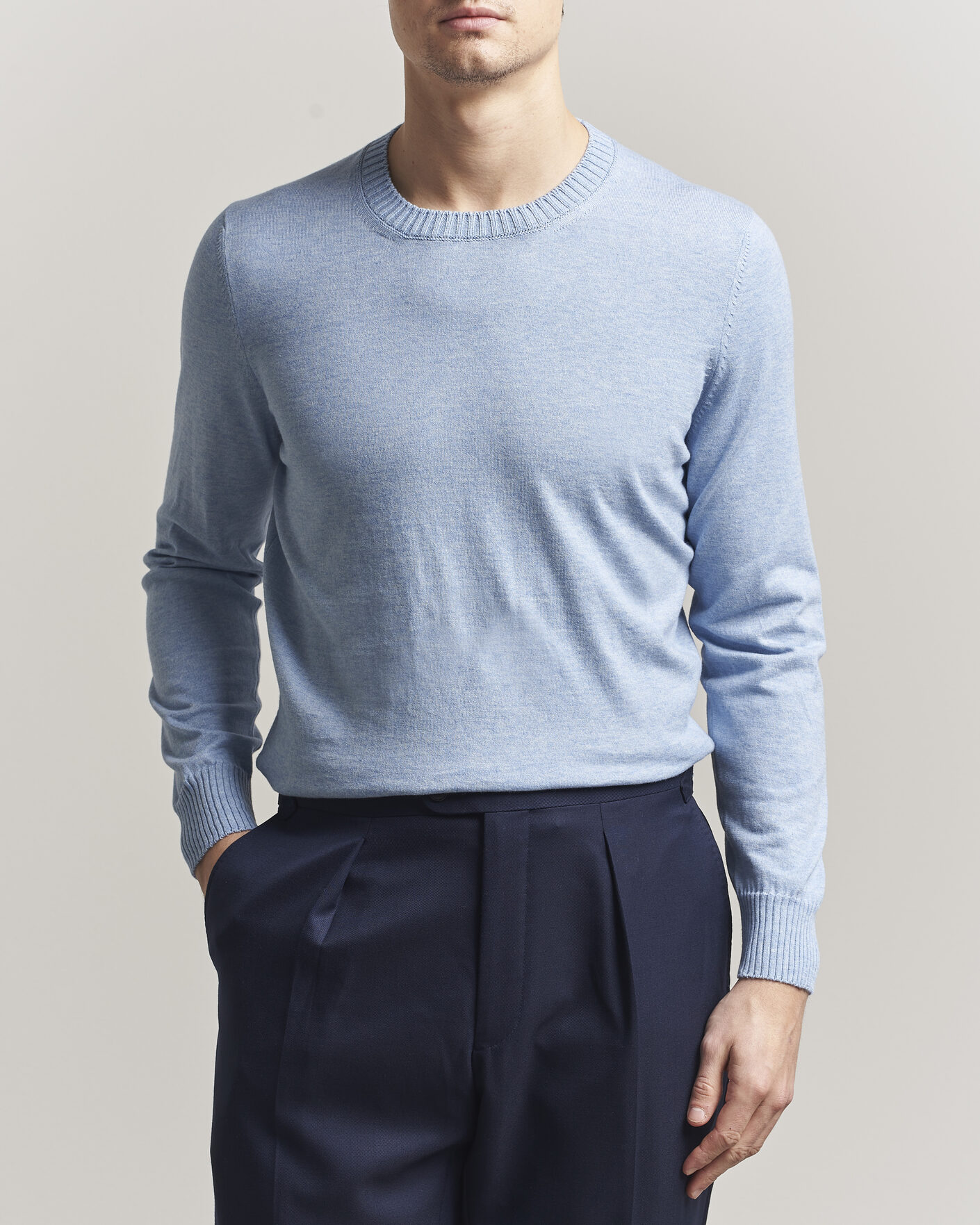 Heren | Truien | Gran Sasso | Cotton/Cashmere Knitted Crew Neck Sweater Blue Melange