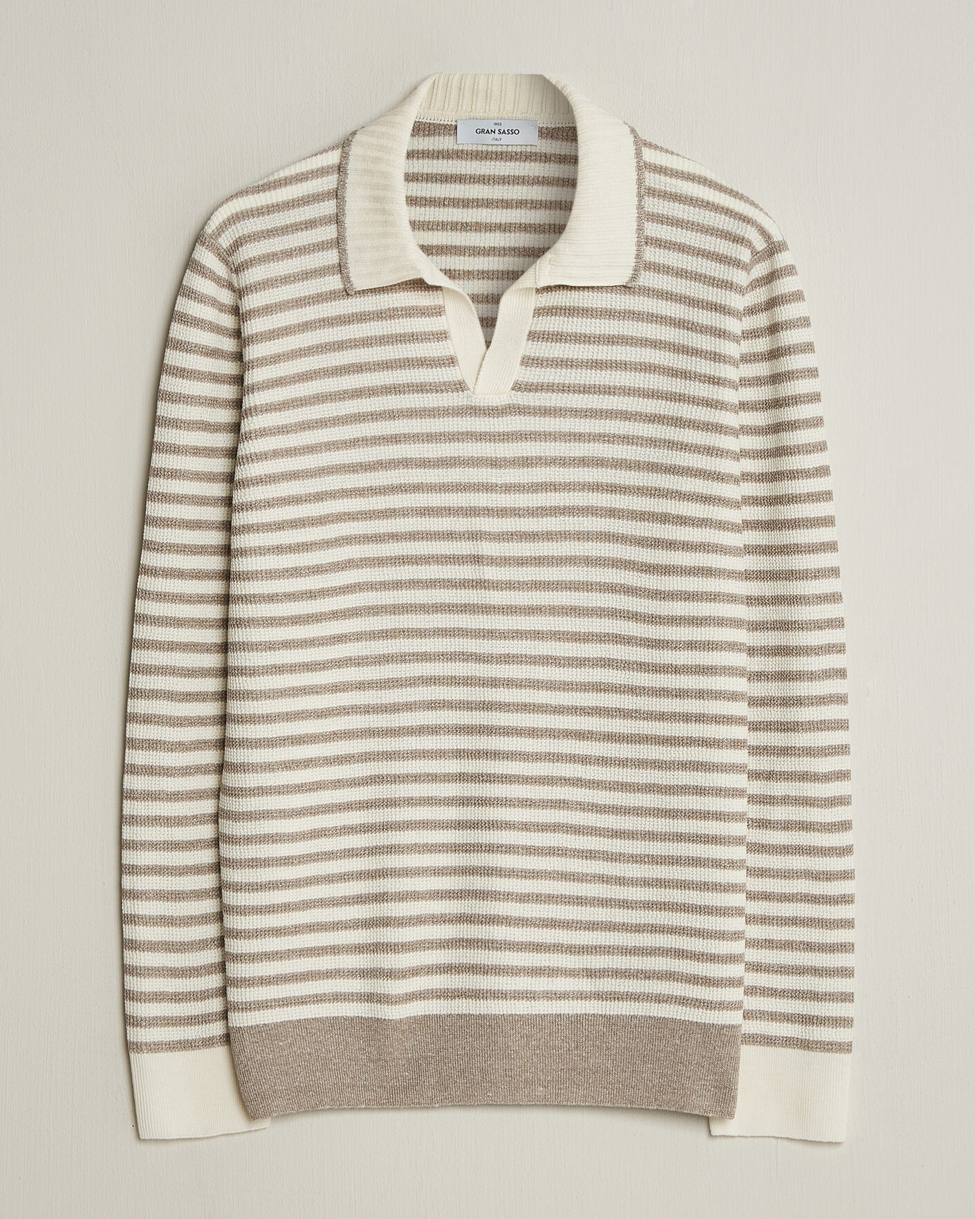 Heren | Truien | Gran Sasso | Linen/Cotton Knitted Striped Polo Beige/White