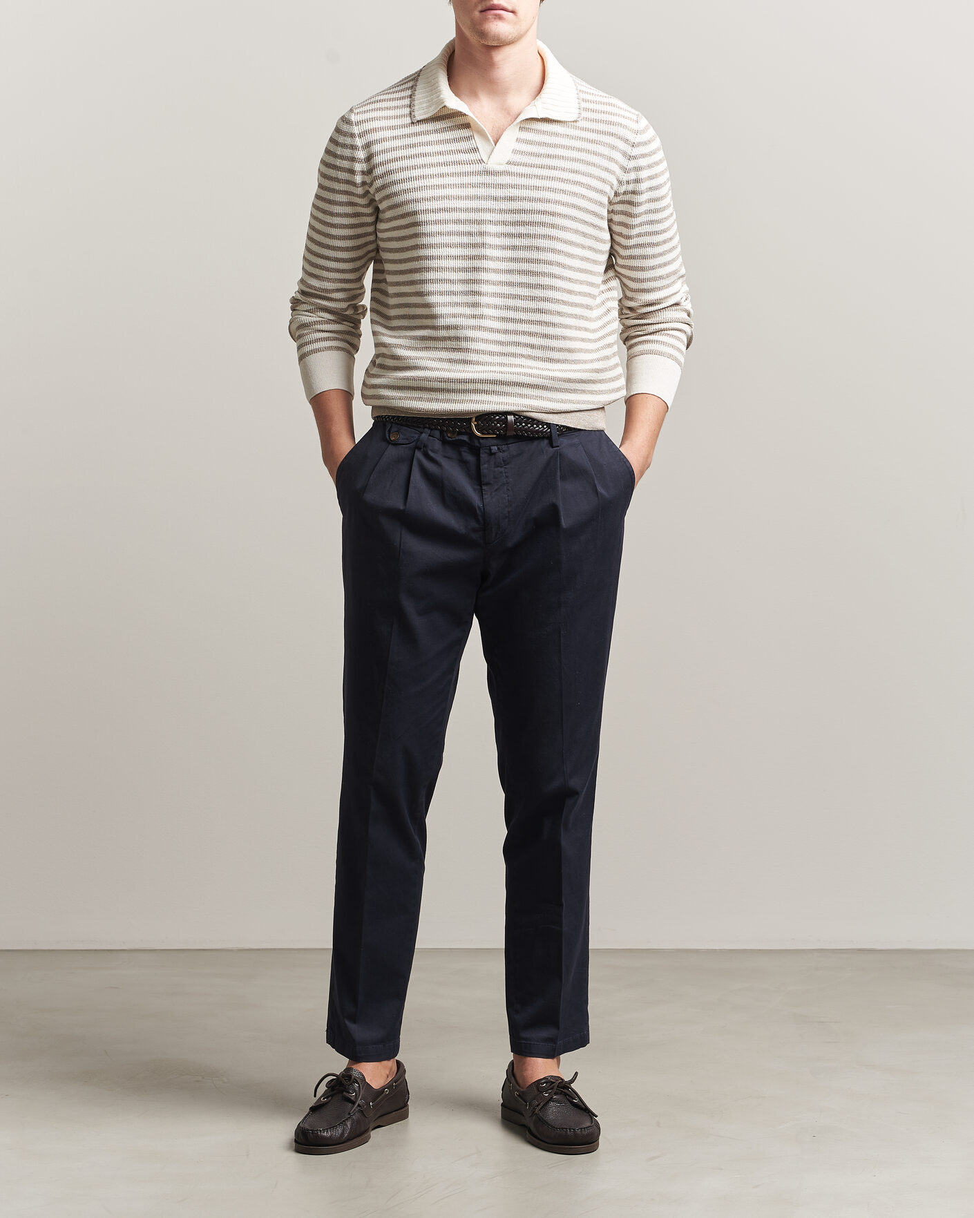 Heren | Truien | Gran Sasso | Linen/Cotton Knitted Striped Polo Beige/White