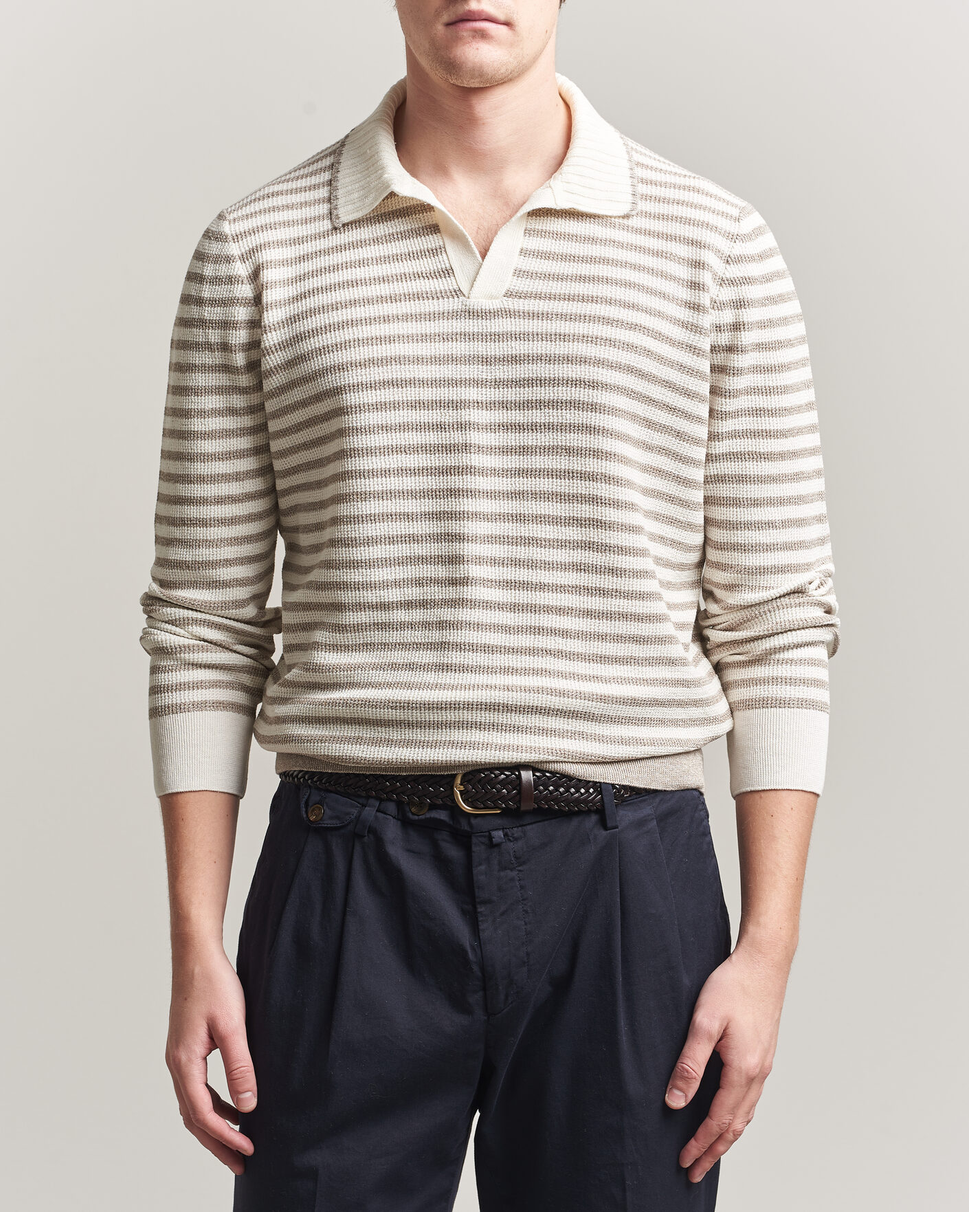 Heren | Truien | Gran Sasso | Linen/Cotton Knitted Striped Polo Beige/White