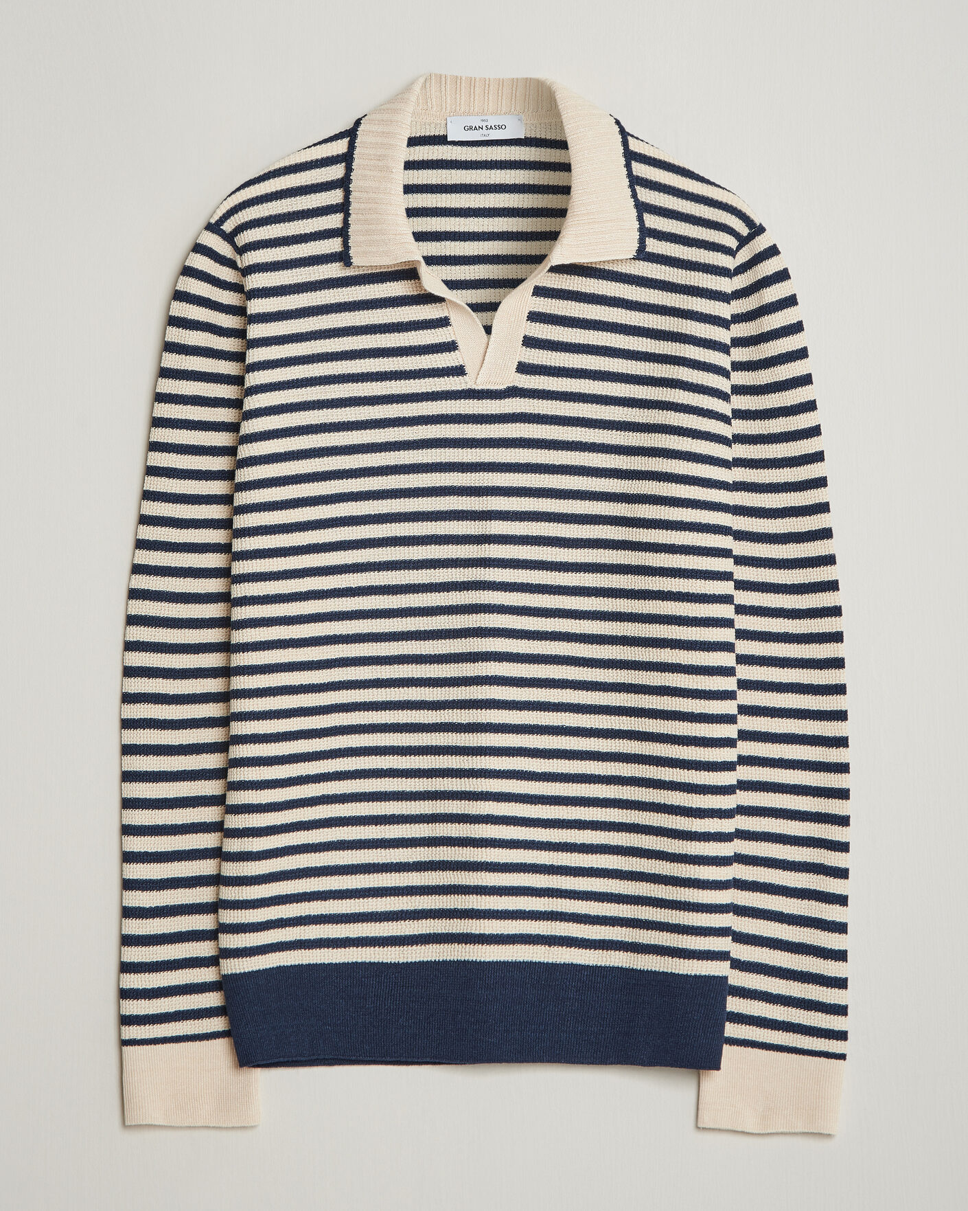 Heren | Truien | Gran Sasso | Linen/Cotton Knitted Striped Polo Navy/White