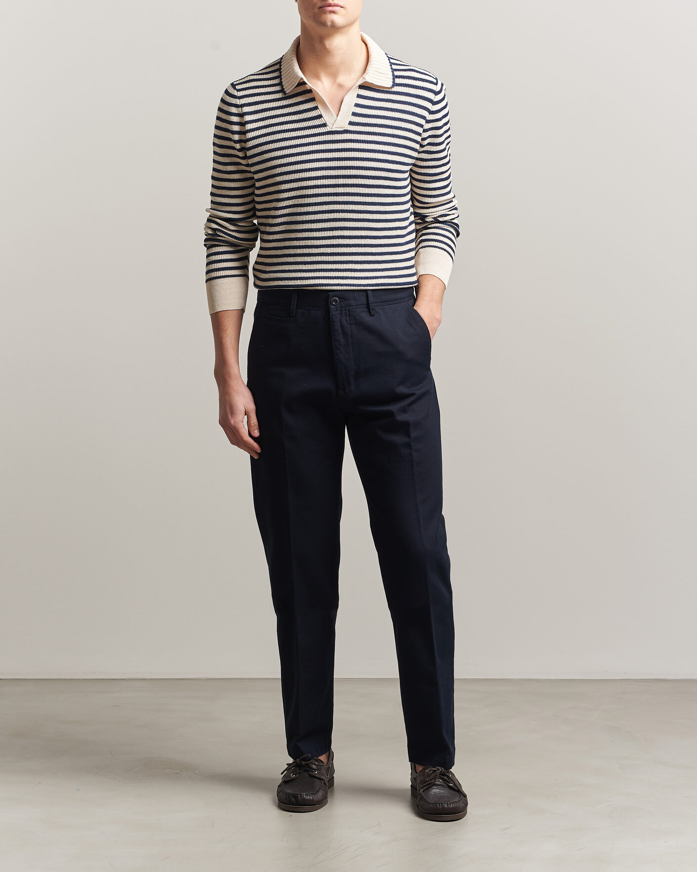 Heren | Truien | Gran Sasso | Linen/Cotton Knitted Striped Polo Navy/White