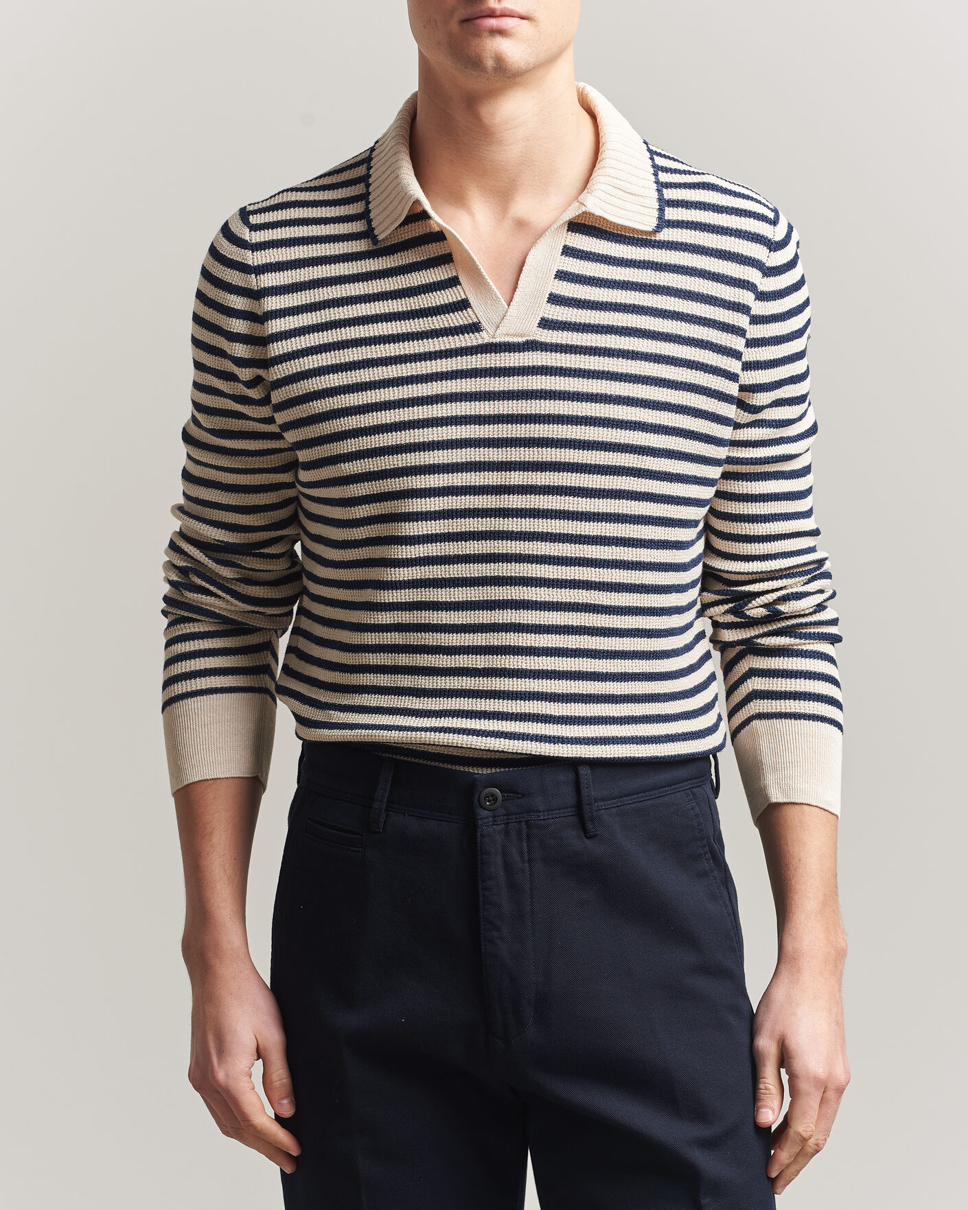 Heren | Truien | Gran Sasso | Linen/Cotton Knitted Striped Polo Navy/White