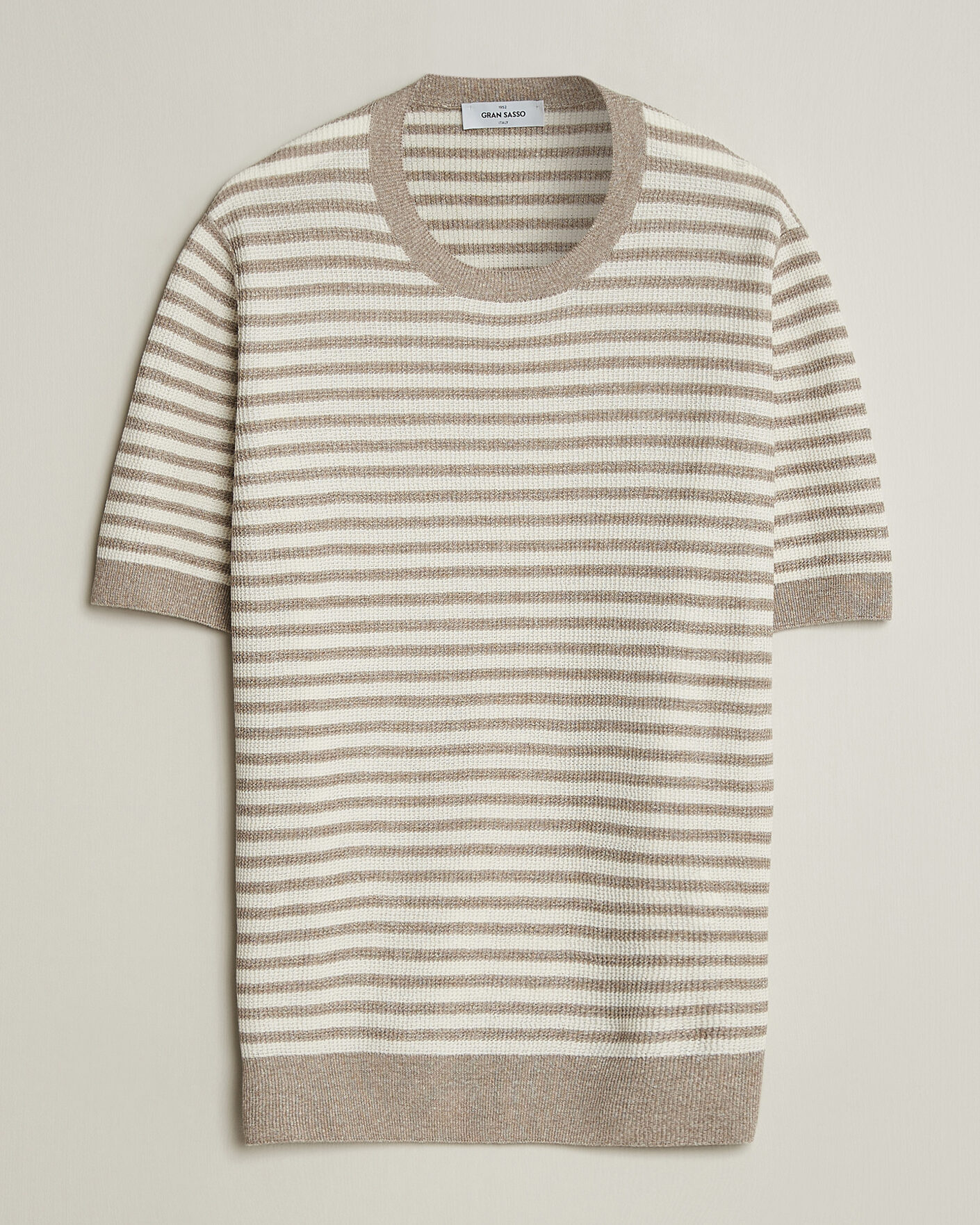 Heren | T-shirts | Gran Sasso | Linen/Cotton Knitted Striped T-Shirt Beige/White