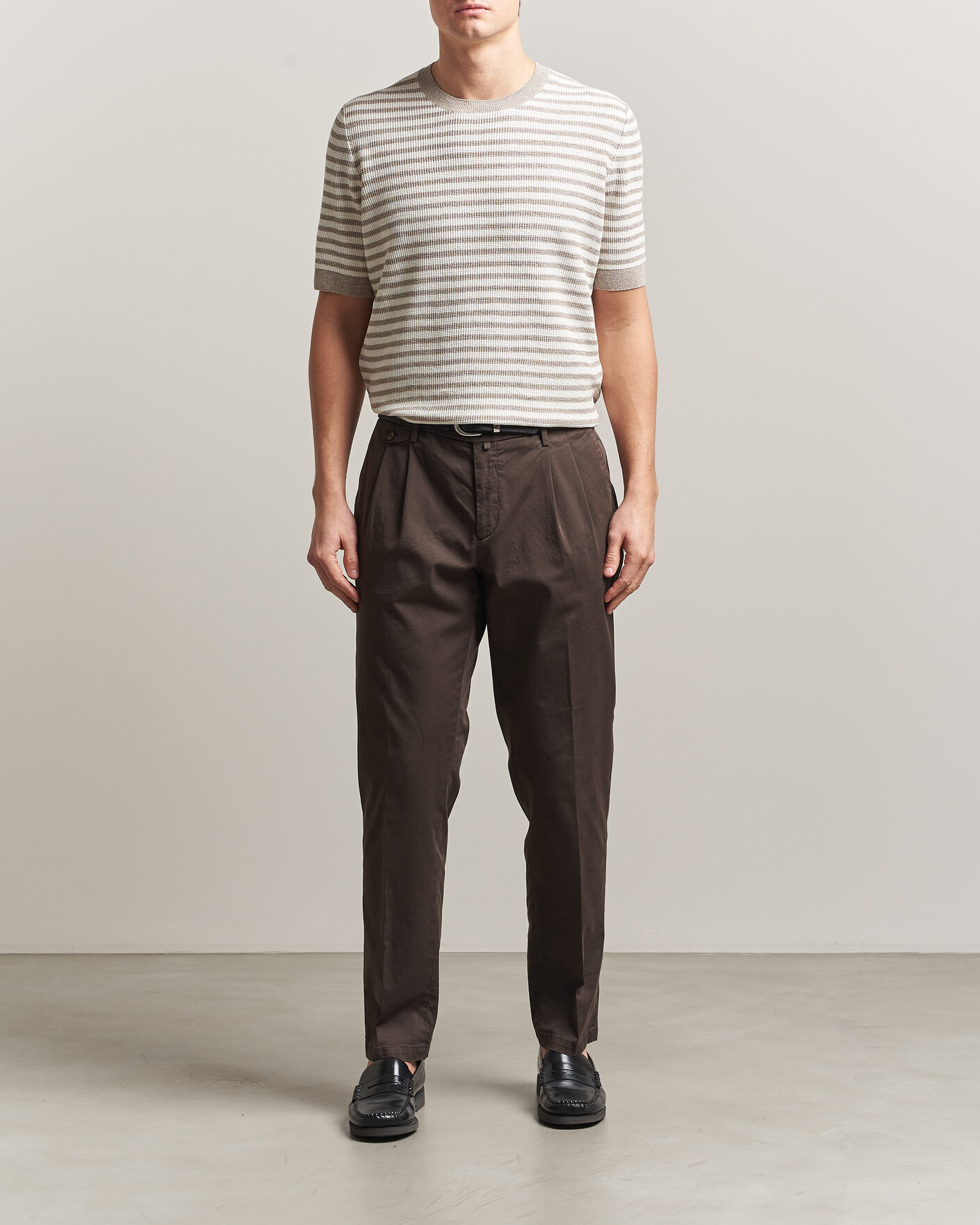 Heren | T-shirts | Gran Sasso | Linen/Cotton Knitted Striped T-Shirt Beige/White