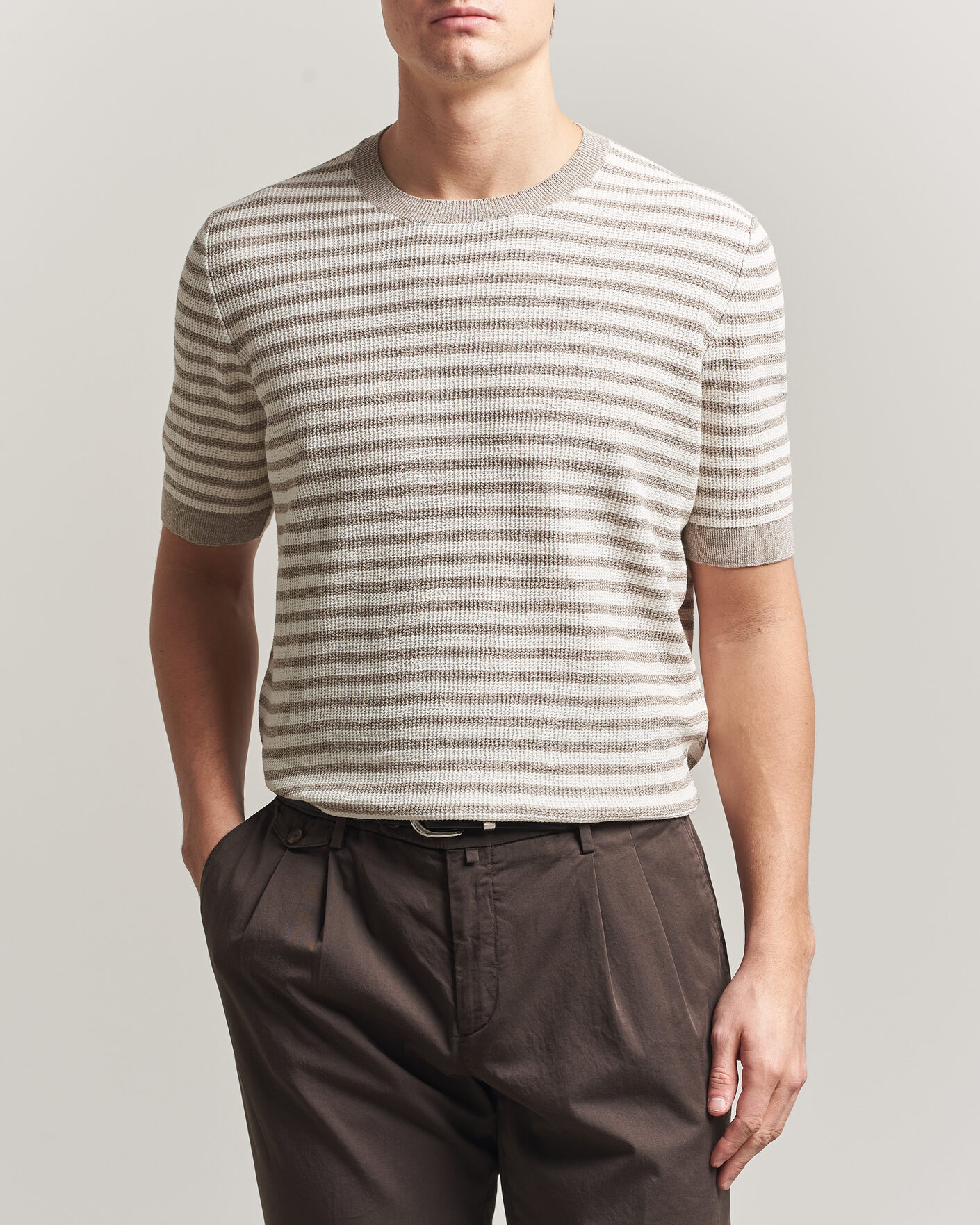 Heren | T-shirts | Gran Sasso | Linen/Cotton Knitted Striped T-Shirt Beige/White