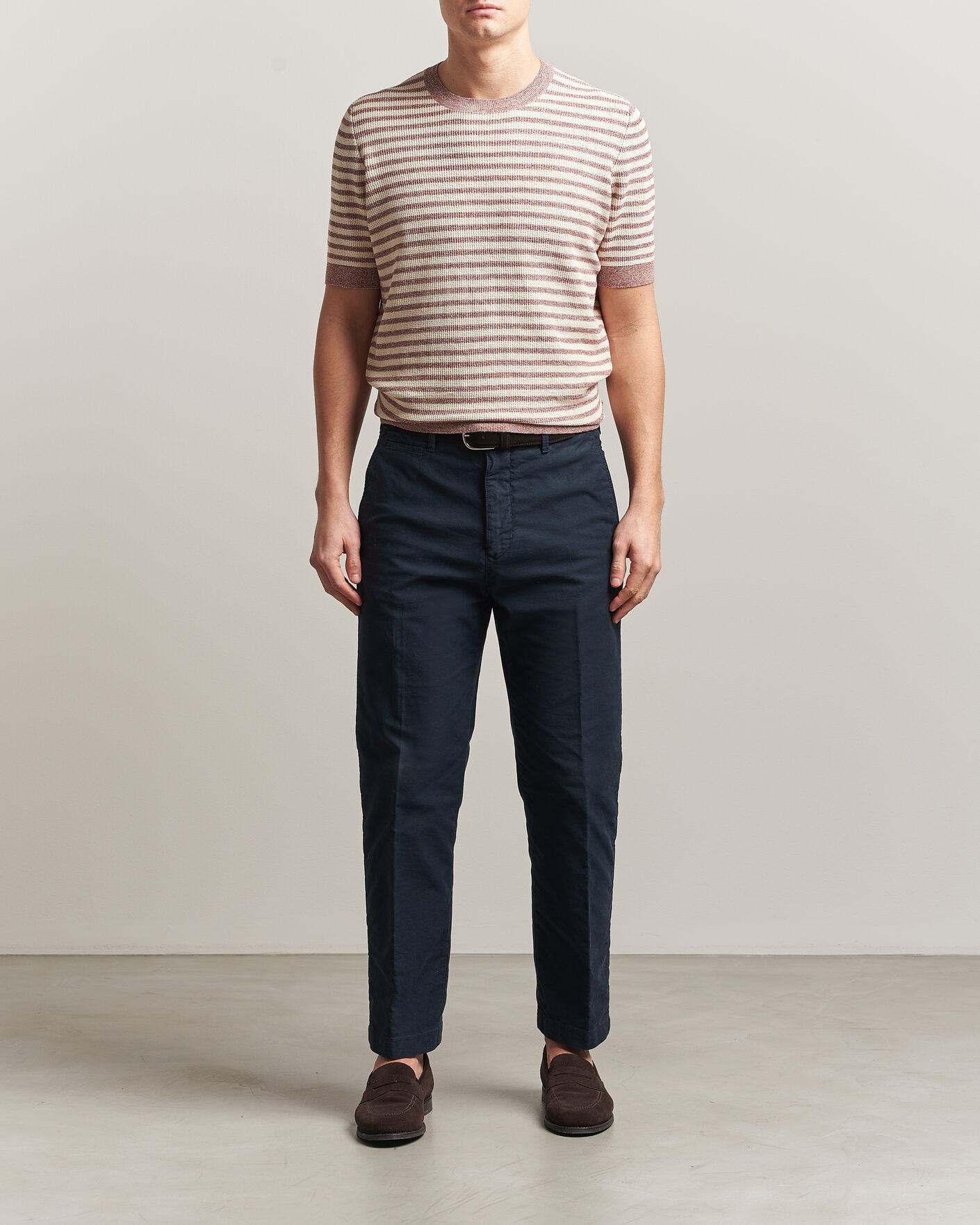 Heren | T-shirts | Gran Sasso | Linen/Cotton Knitted Striped T-Shirt Red/White