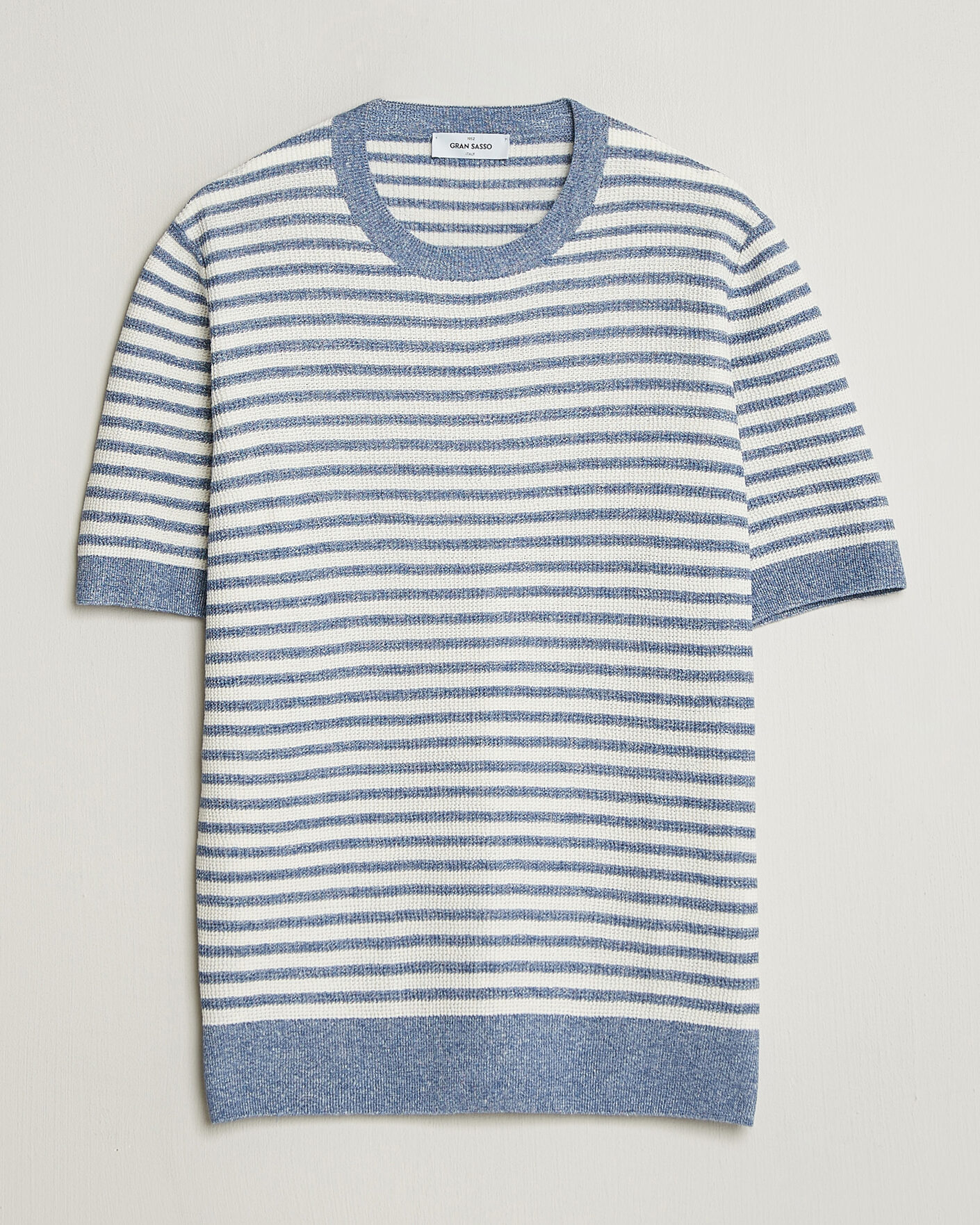 Heren | T-shirts | Gran Sasso | Linen/Cotton Knitted Striped T-Shirt Blue/White