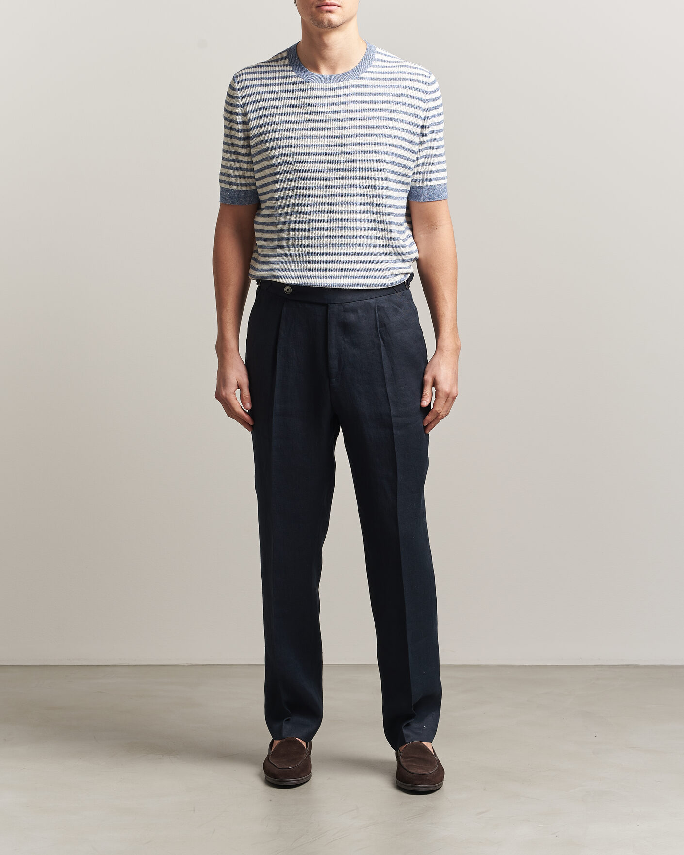 Heren | T-shirts | Gran Sasso | Linen/Cotton Knitted Striped T-Shirt Blue/White