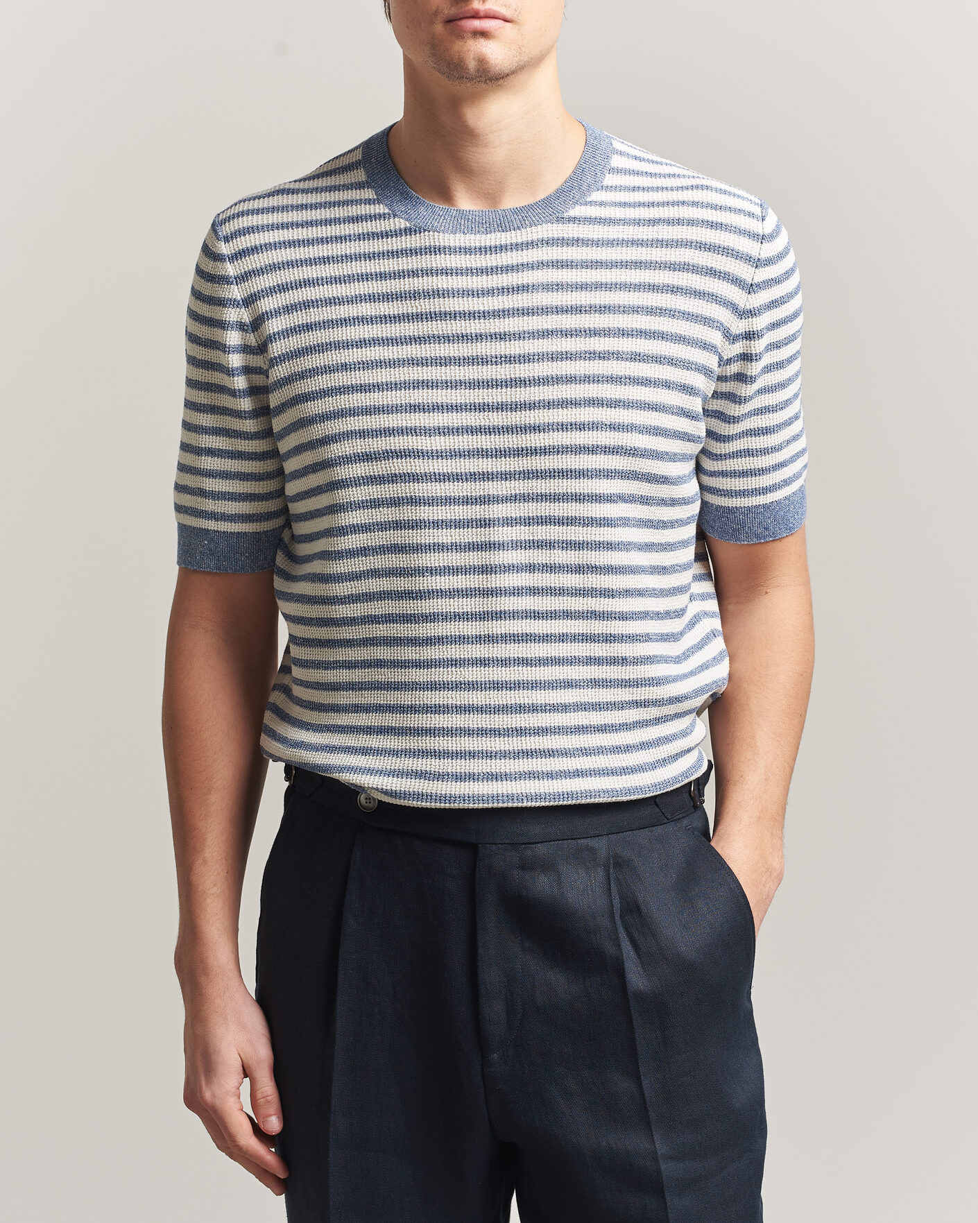 Heren | T-shirts | Gran Sasso | Linen/Cotton Knitted Striped T-Shirt Blue/White