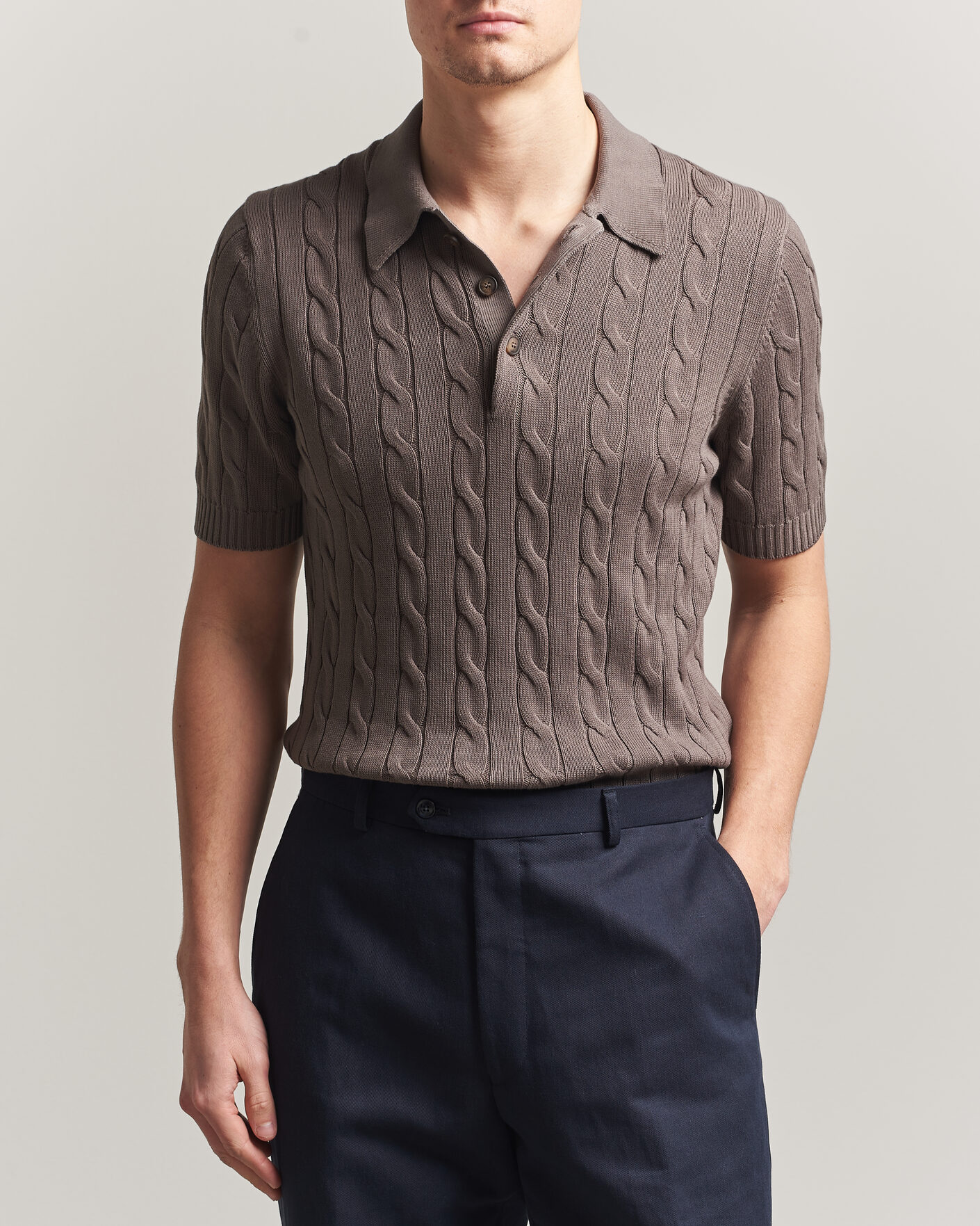 Heren | Polo's | Gran Sasso | Cotton Cable Knitted Polo Brown