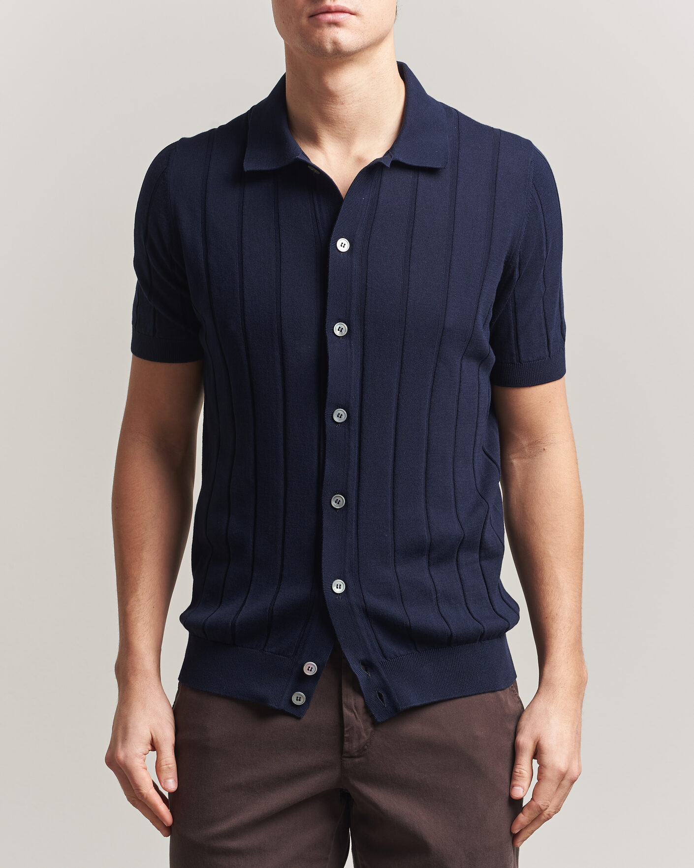 Heren | Overhemden | Gran Sasso | Cotton Ribbed Knitted Resort Shirt Navy