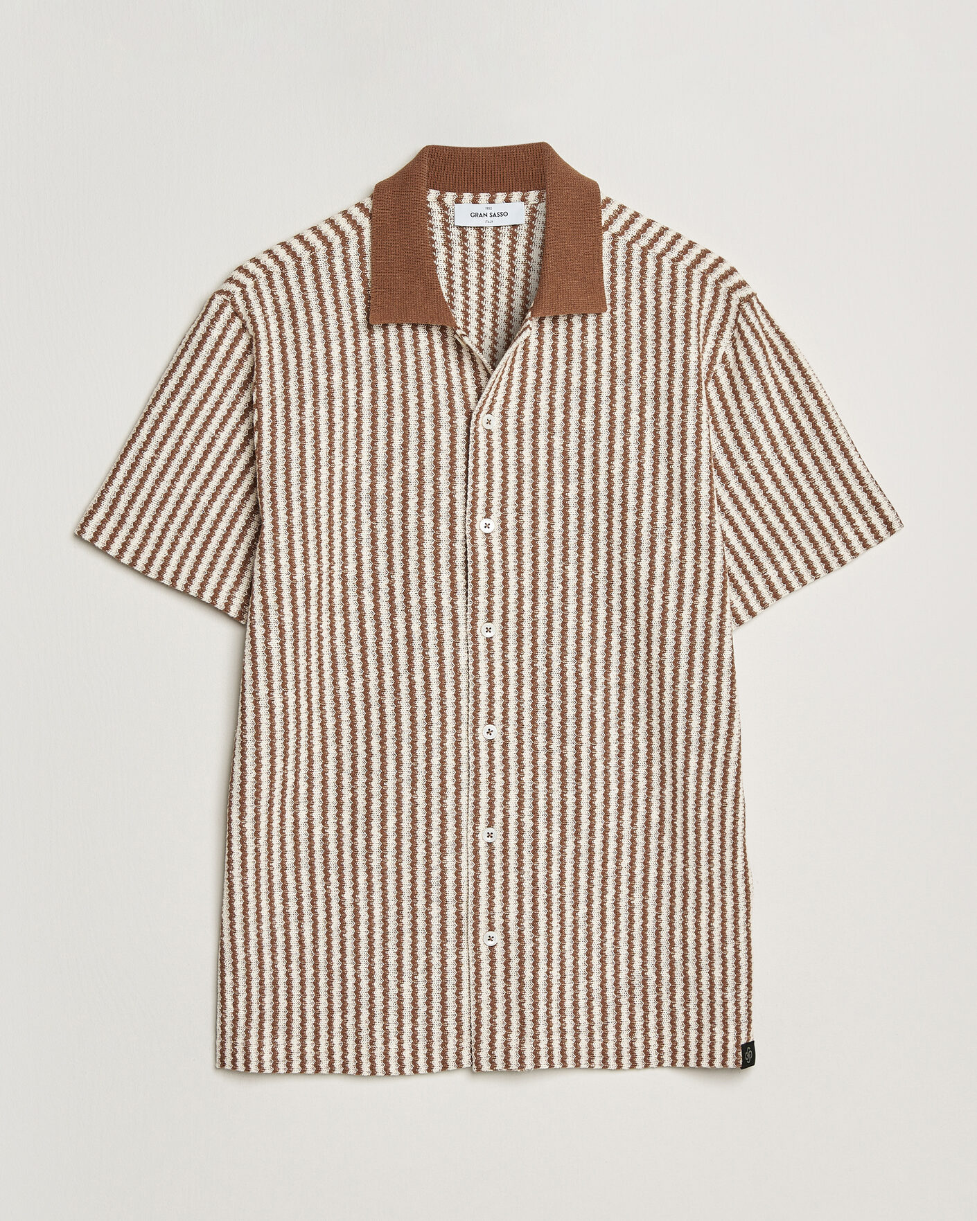 Heren | Overhemden | Gran Sasso | Cotton Knitted Striped Resort Shirt Brown/White