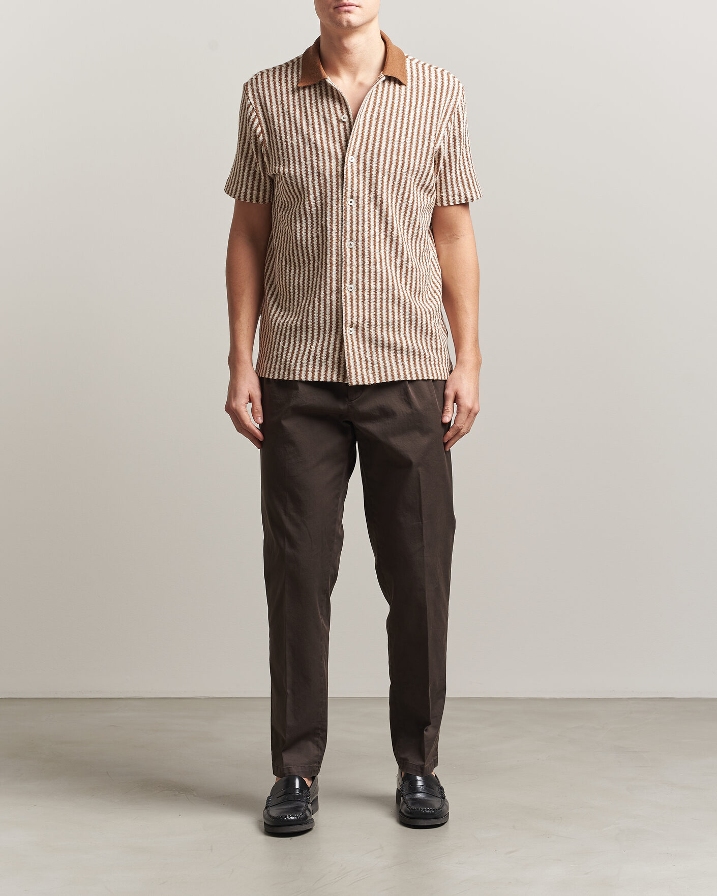 Heren | Overhemden | Gran Sasso | Cotton Knitted Striped Resort Shirt Brown/White