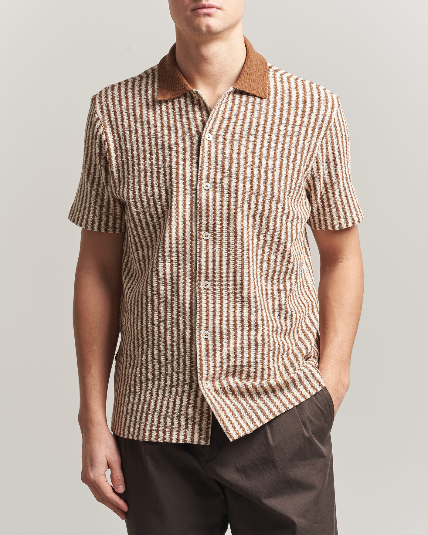 Heren | Overhemden | Gran Sasso | Cotton Knitted Striped Resort Shirt Brown/White