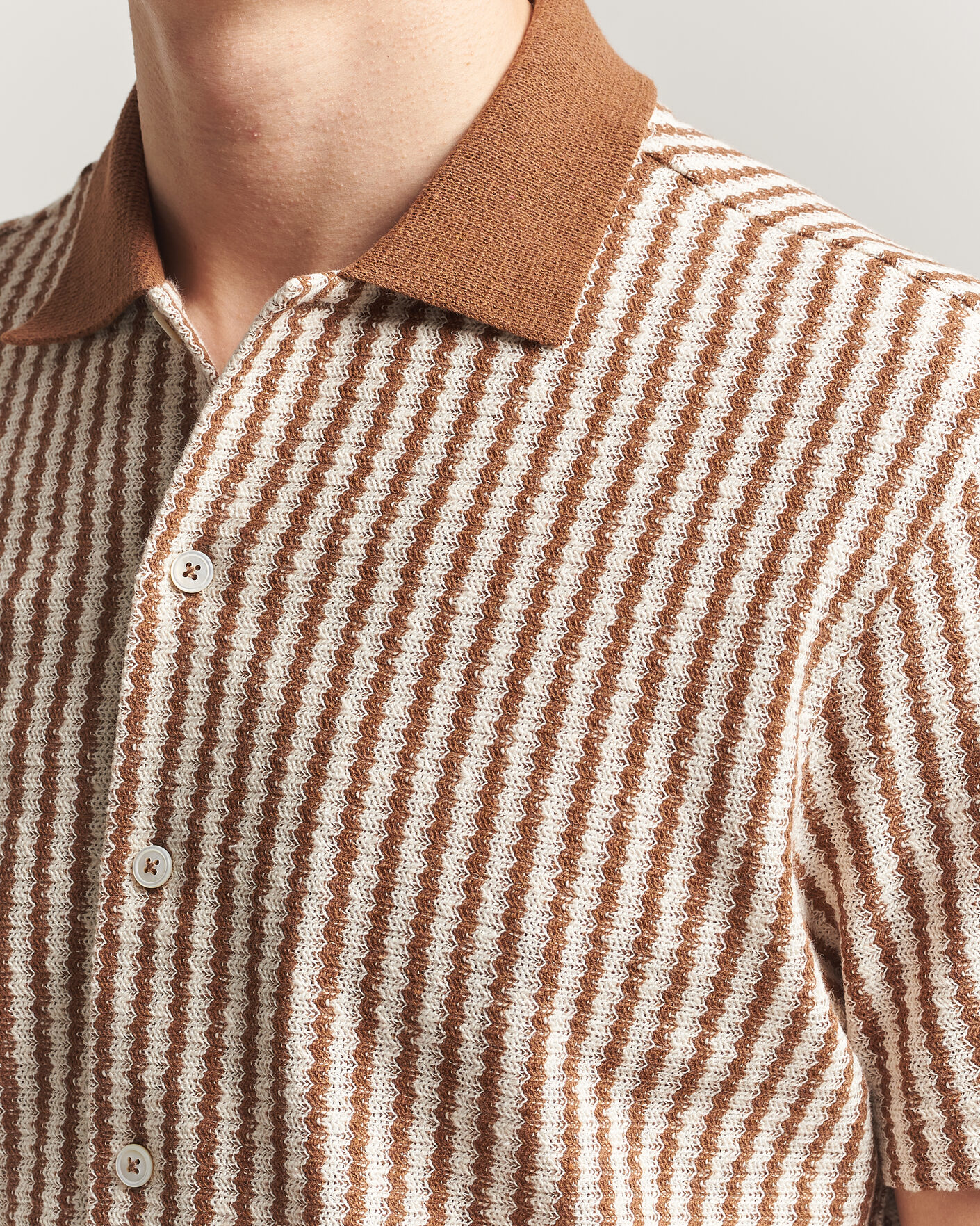 Heren | Overhemden | Gran Sasso | Cotton Knitted Striped Resort Shirt Brown/White