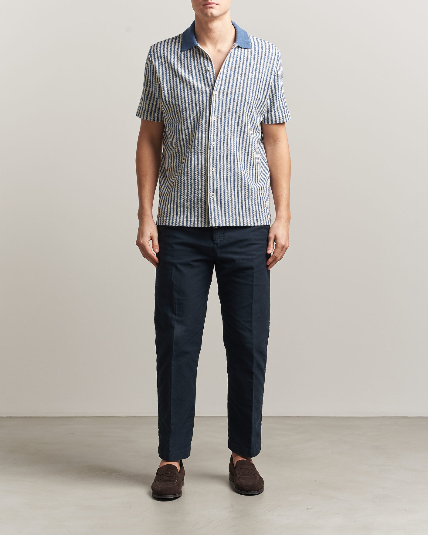 Heren | Overhemden | Gran Sasso | Cotton Knitted Striped Resort Shirt Blue/white