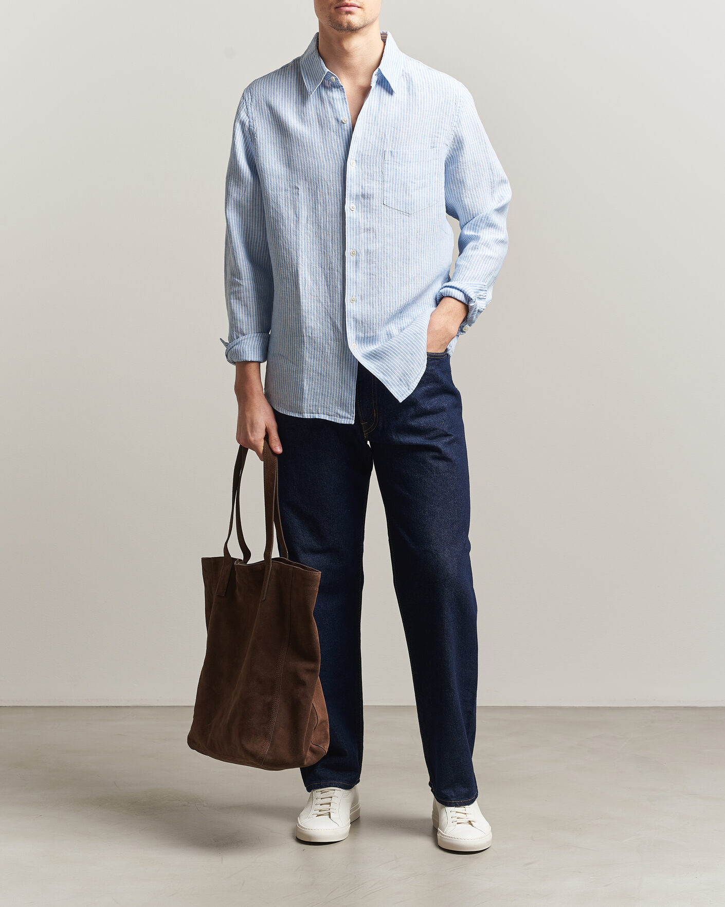 Heren | Overhemden | A Day's March | Daintree Striped Linen Shirt Light Blue/White