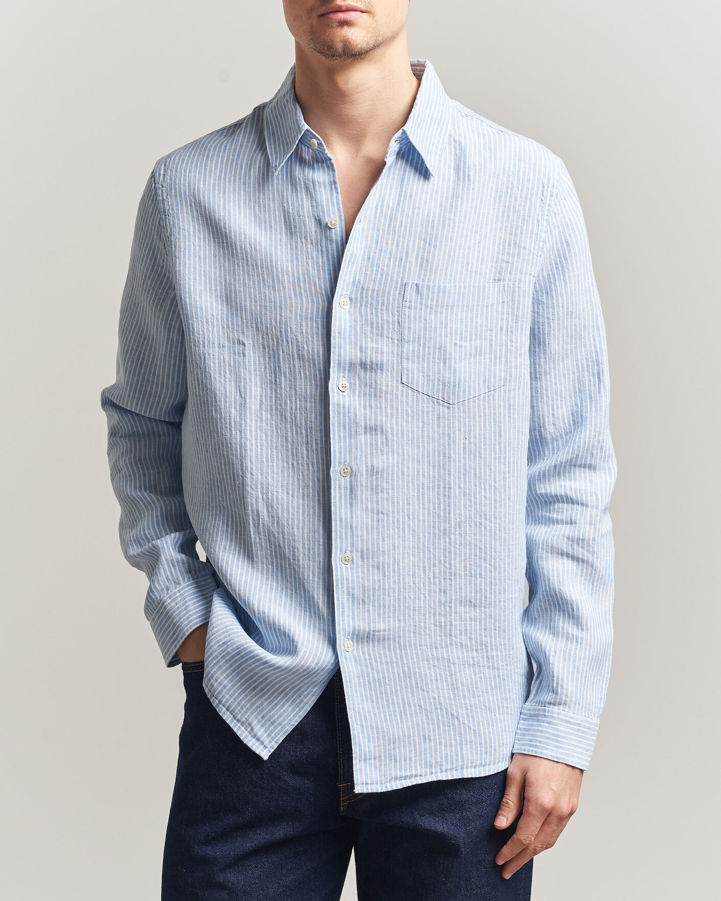 Heren | Overhemden | A Day's March | Daintree Striped Linen Shirt Light Blue/White