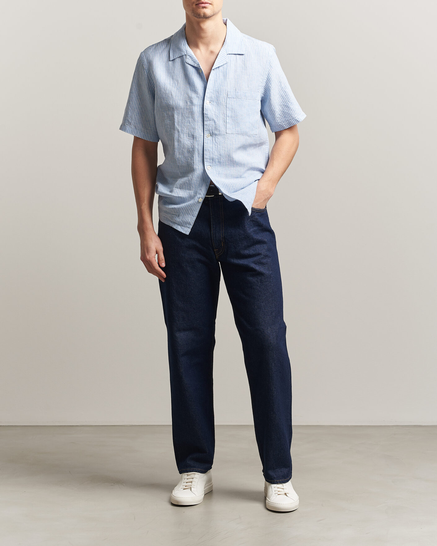 Heren | Overhemden | A Day's March | Yamu Striped Linen Short Sleeve Shirt Light Blue