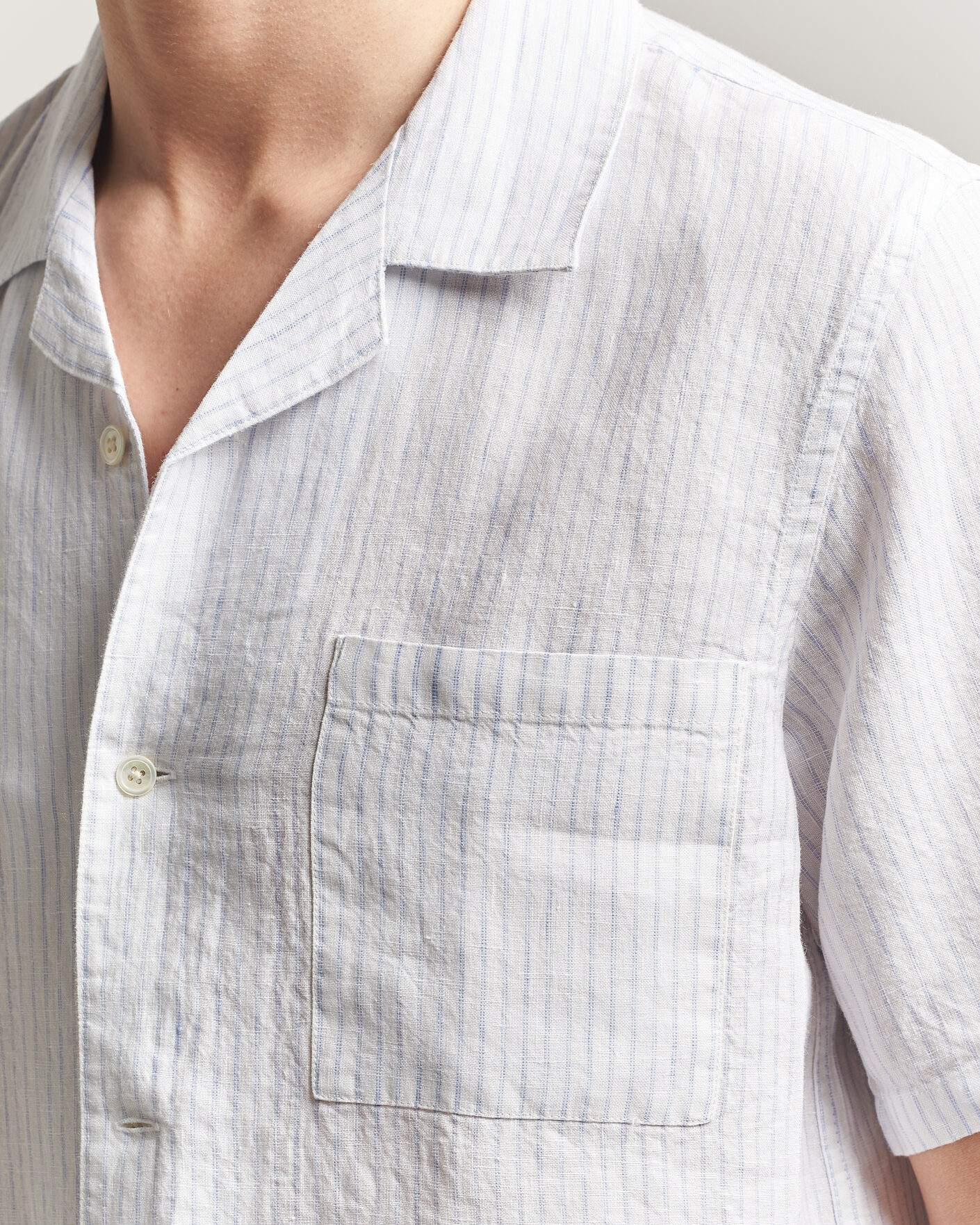 Heren | Overhemden | A Day's March | Yamu Striped Linen Short Sleeve Shirt White