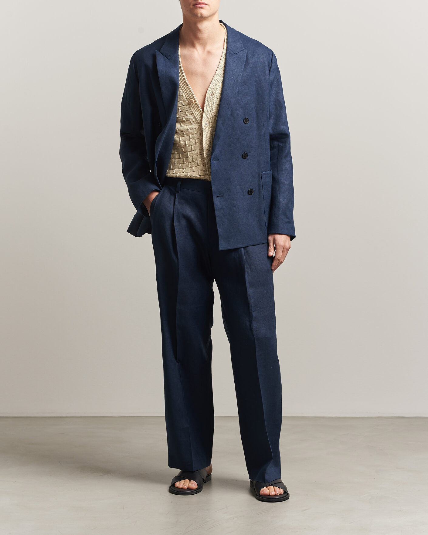 Heren | Broeken | NN07 | Justin Linen Double Pleated Trousers Navy Blue