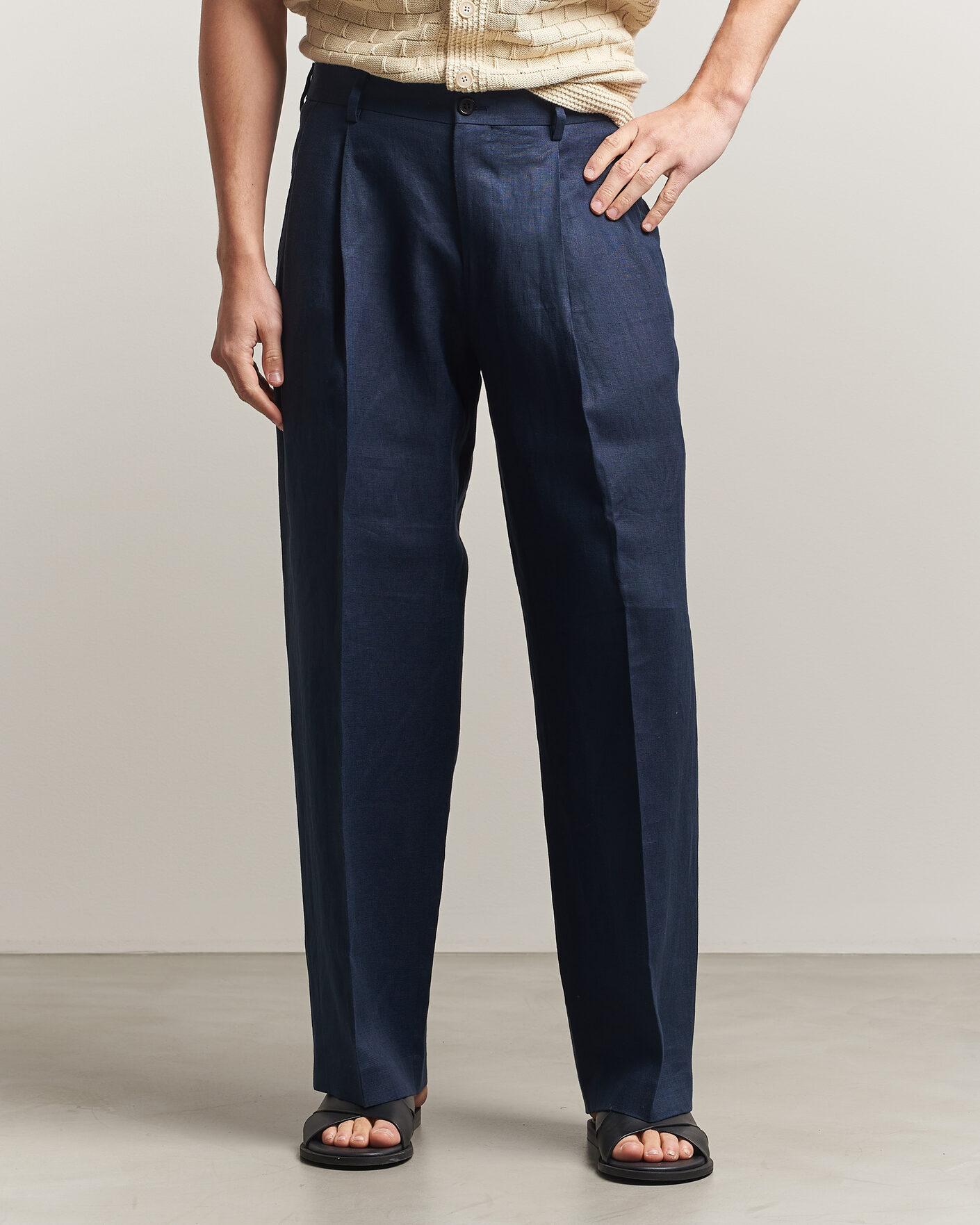 Heren | Broeken | NN07 | Justin Linen Double Pleated Trousers Navy Blue