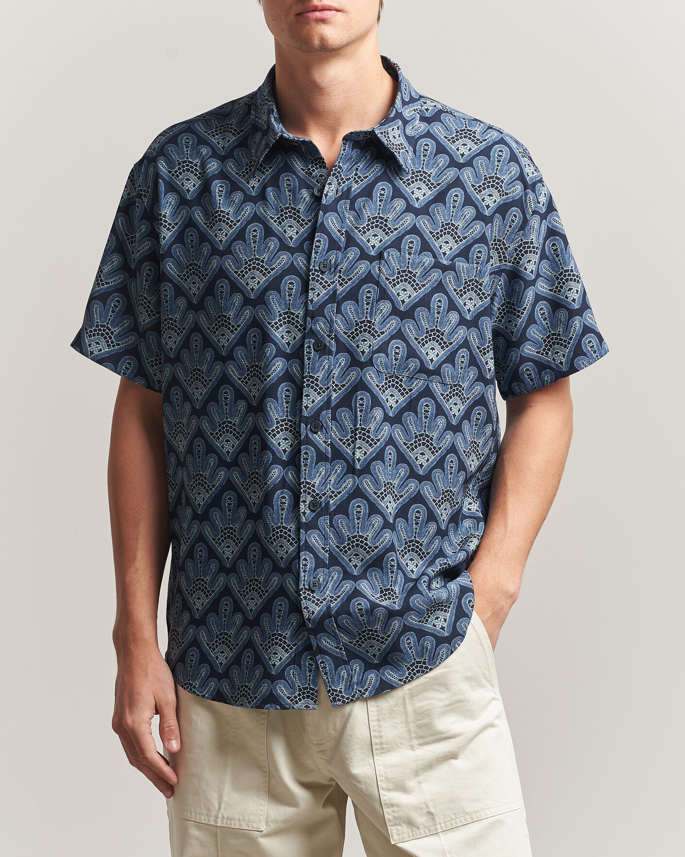 Heren | Overhemden | NN07 | Deon Printed Short Sleeve Shirt Navy Blue