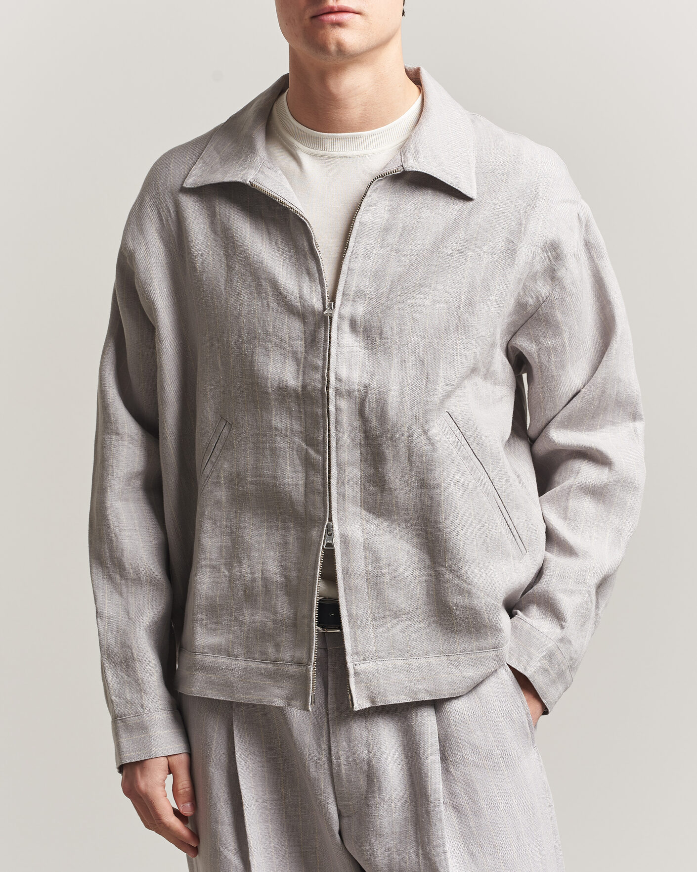 Heren | Overhemden | NN07 | Petrus Pinstriped Linen Full Zip Overshirt Grey