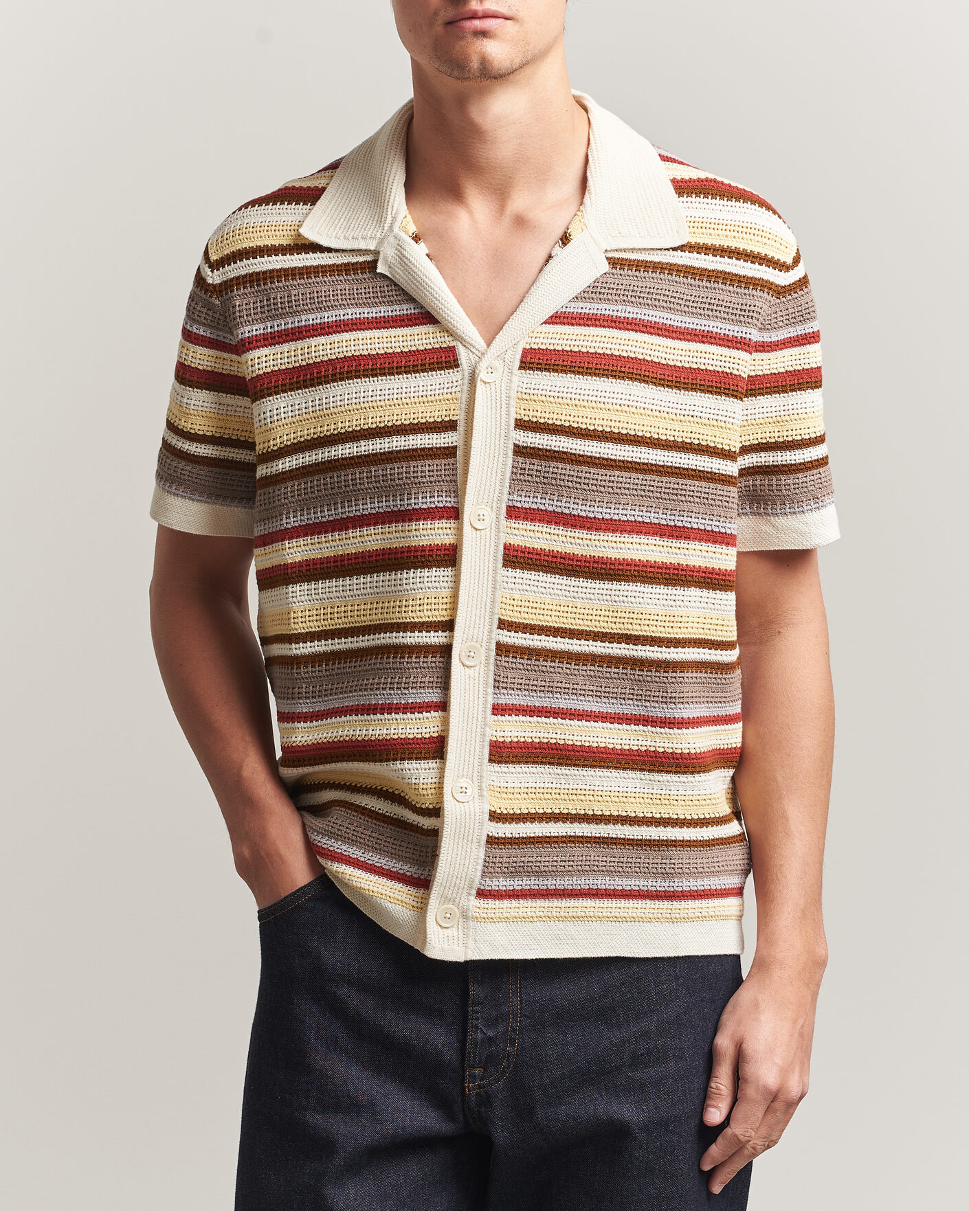 Heren | Overhemden | NN07 | Lars Striped Knitted Short Sleeve Shirt Ivory Multi