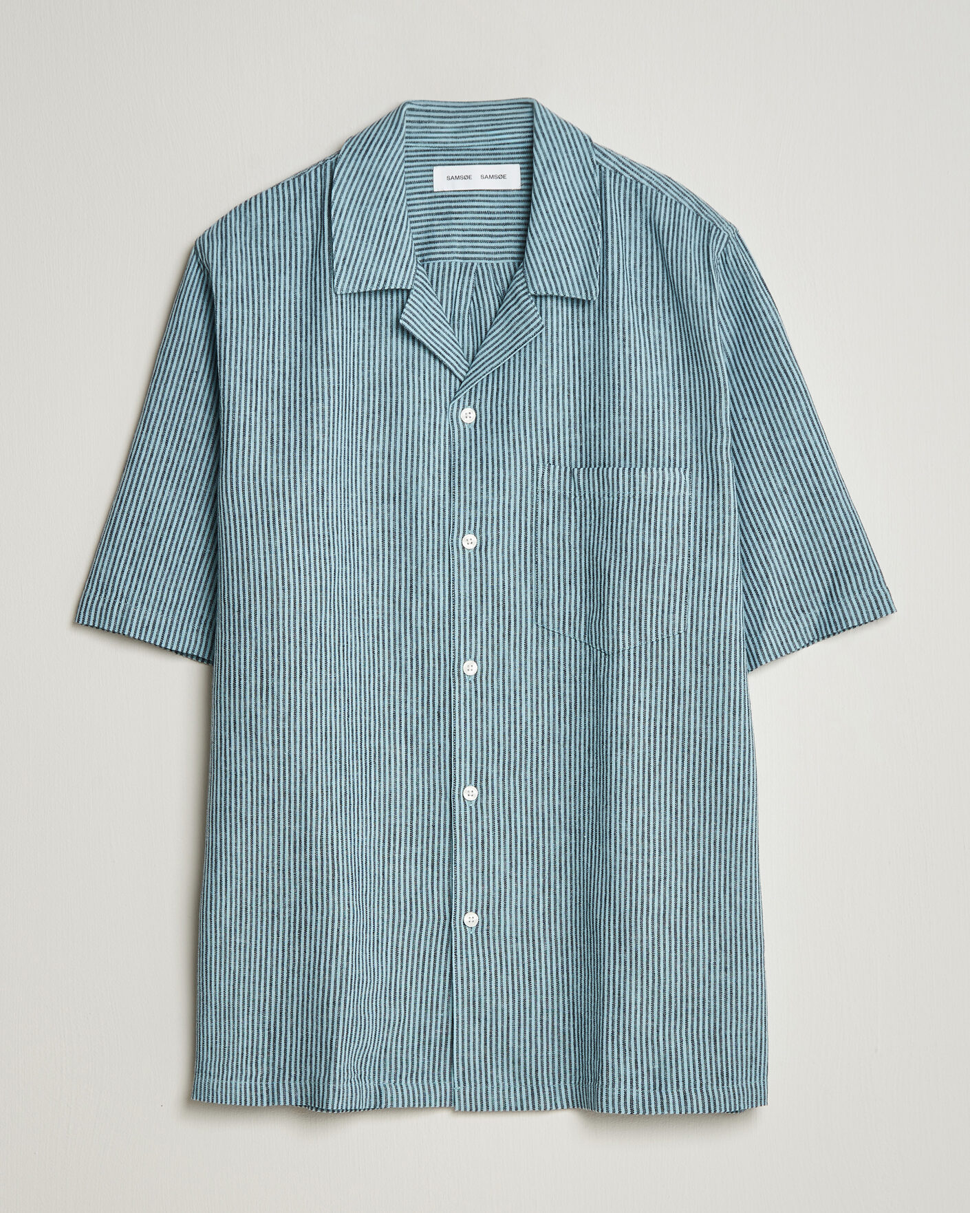 Heren | Overhemden | Samsøe Samsøe | Oscar Linen/Cotton Striped Short Sleeve Shirt Tourmaline