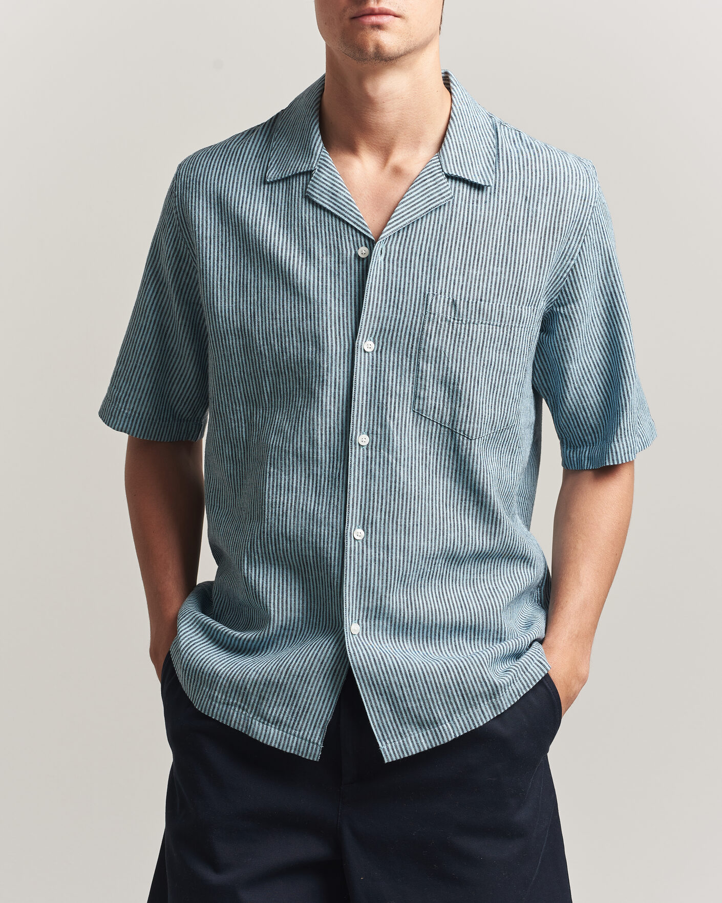 Heren | Overhemden | Samsøe Samsøe | Oscar Linen/Cotton Striped Short Sleeve Shirt Tourmaline