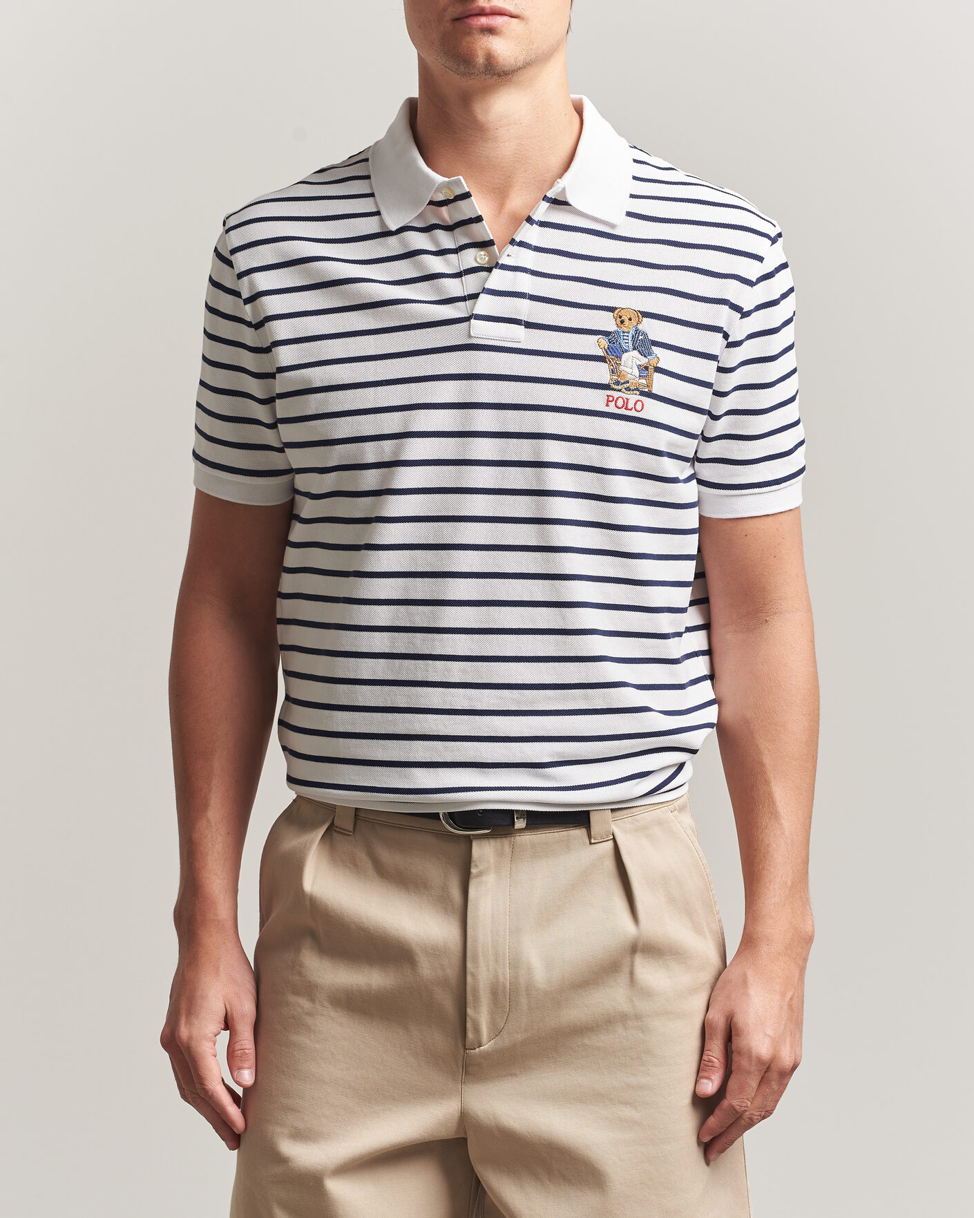 Heren | Polo's | Polo Ralph Lauren | Newport Bear Striped Custom Slim Polo White/Navy
