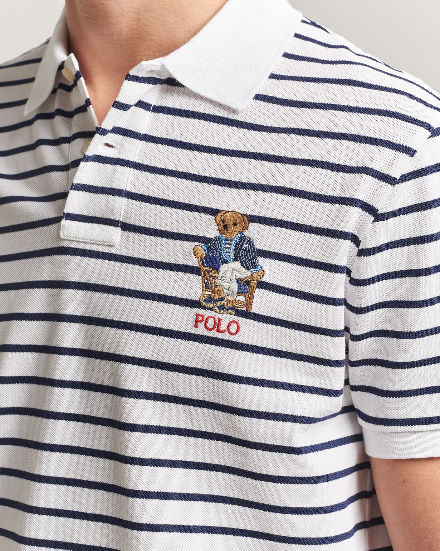 Heren | Polo's | Polo Ralph Lauren | Newport Bear Striped Custom Slim Polo White/Navy