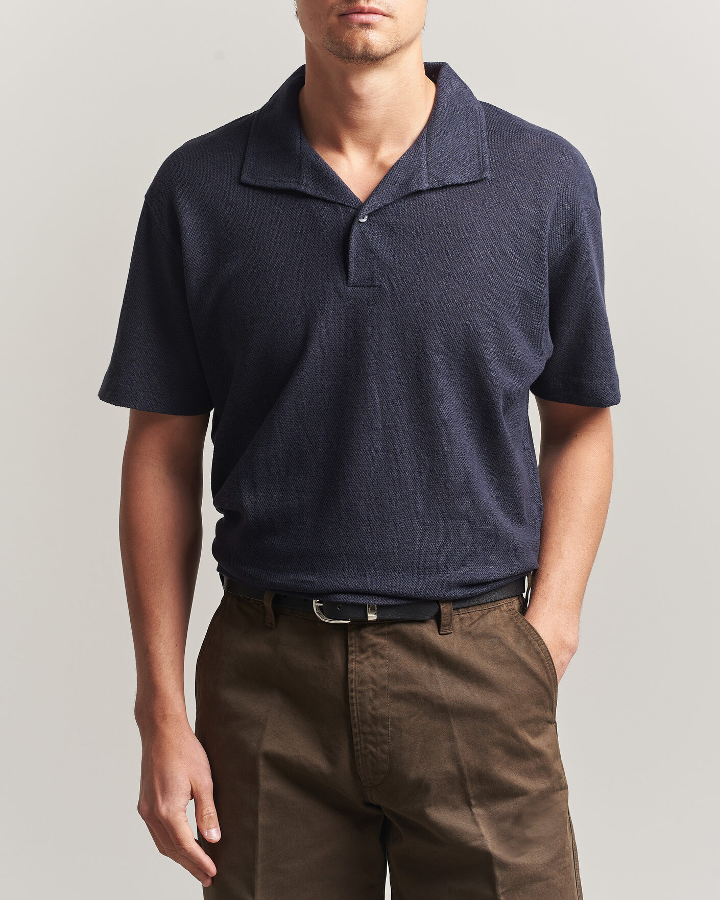 Heren | Polo's | Sunspel | Cotton/Linen Pique Polo Navy