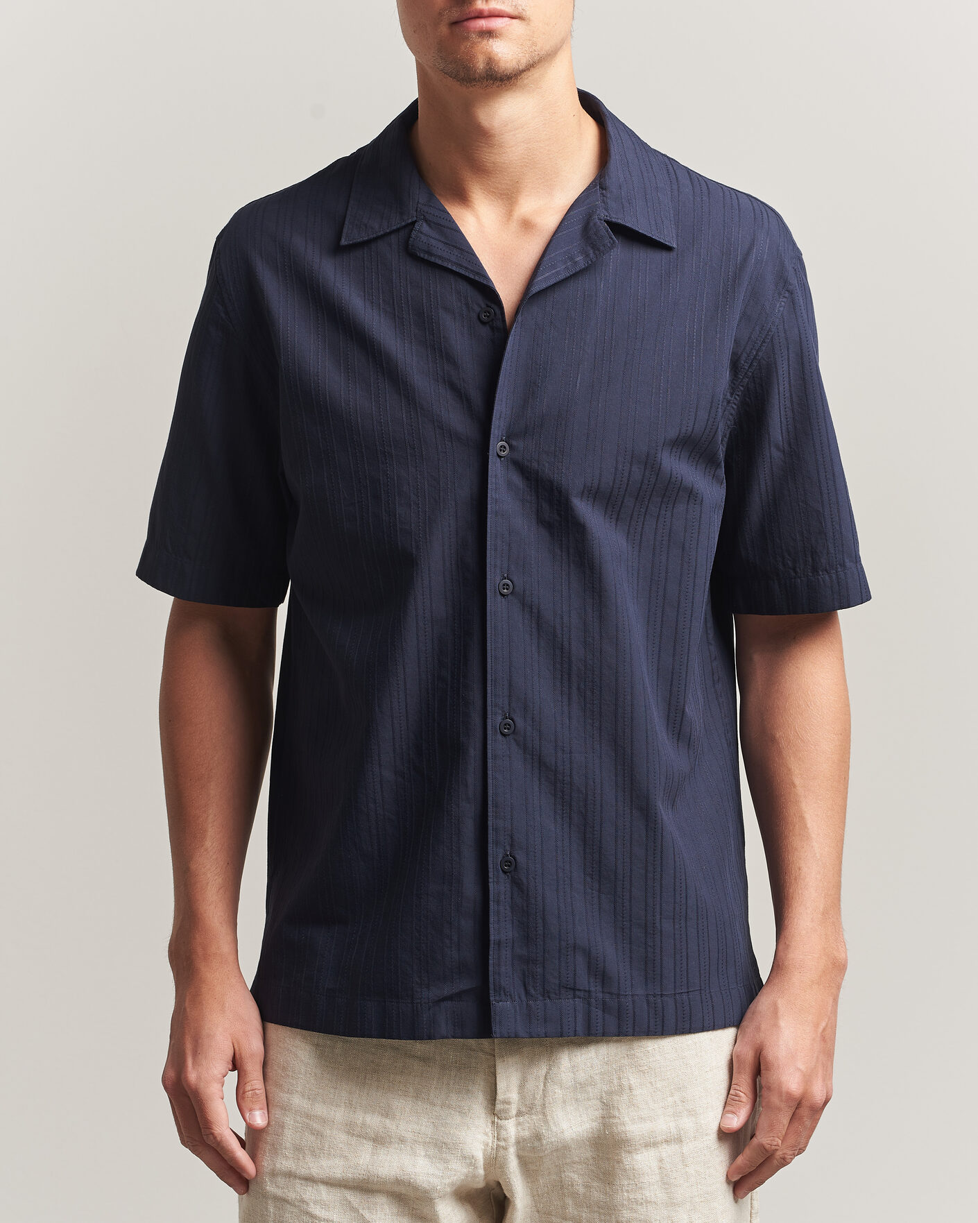 Heren | Overhemden | Sunspel | Short Sleeve Textured Stripe Shirt Navy