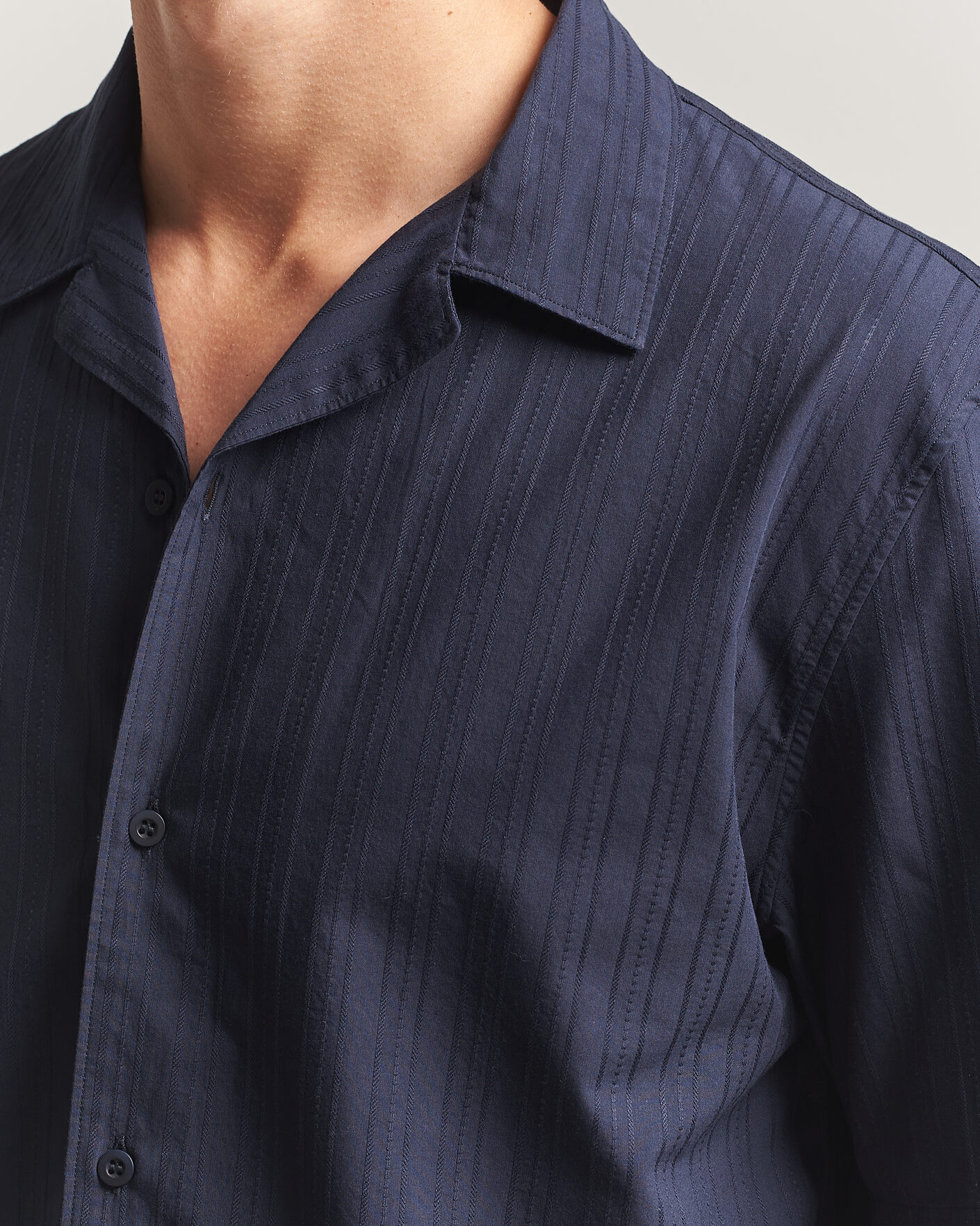 Heren | Overhemden | Sunspel | Short Sleeve Textured Stripe Shirt Navy