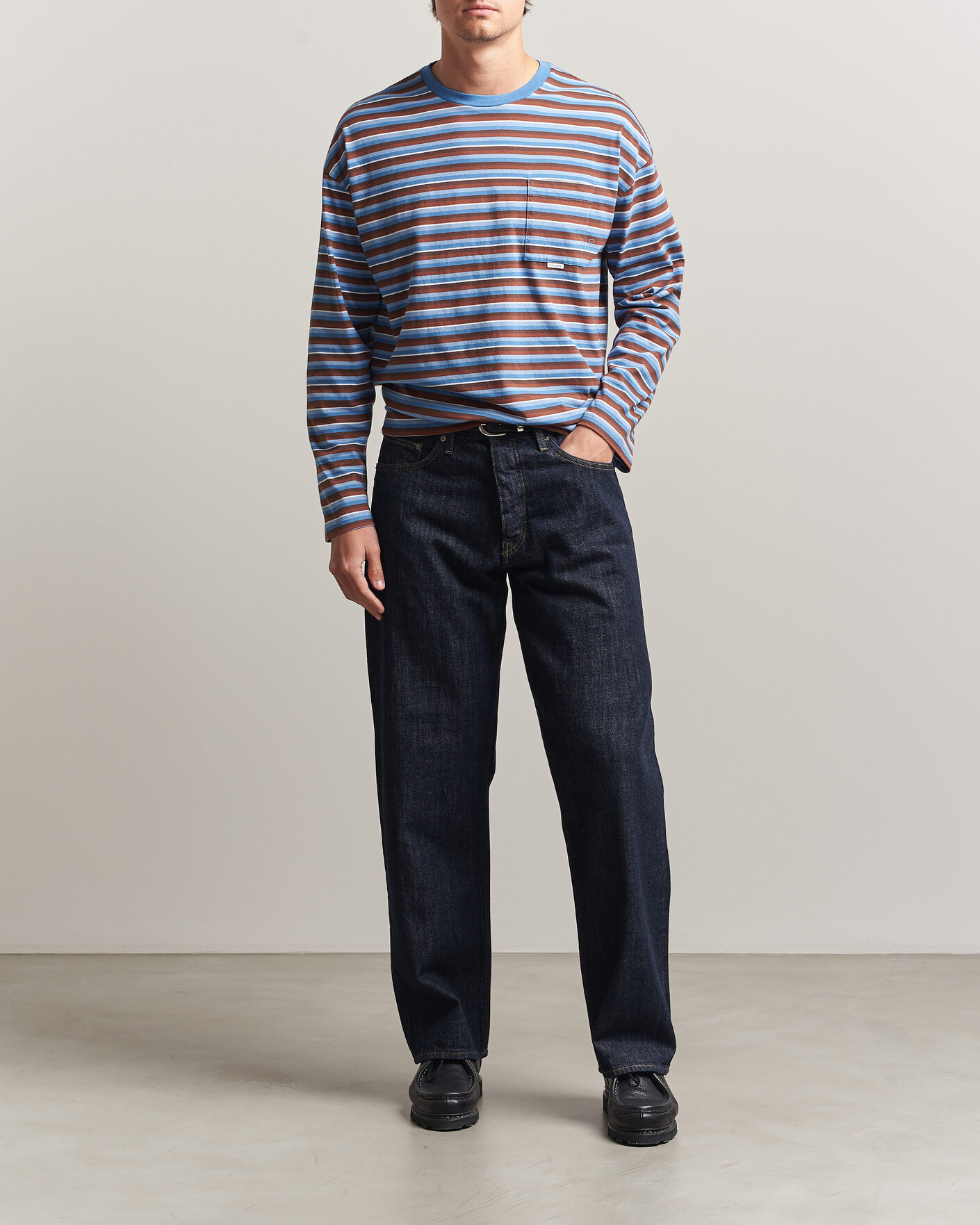Heren | T-shirts | Sunflower | Long Sleeve Pocket Tee Blue Stripe